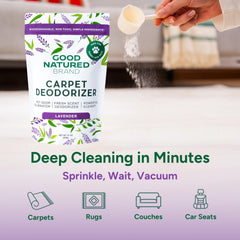 Good Natured Brand powder sprinkled on carpet fibers for deeper odor control.