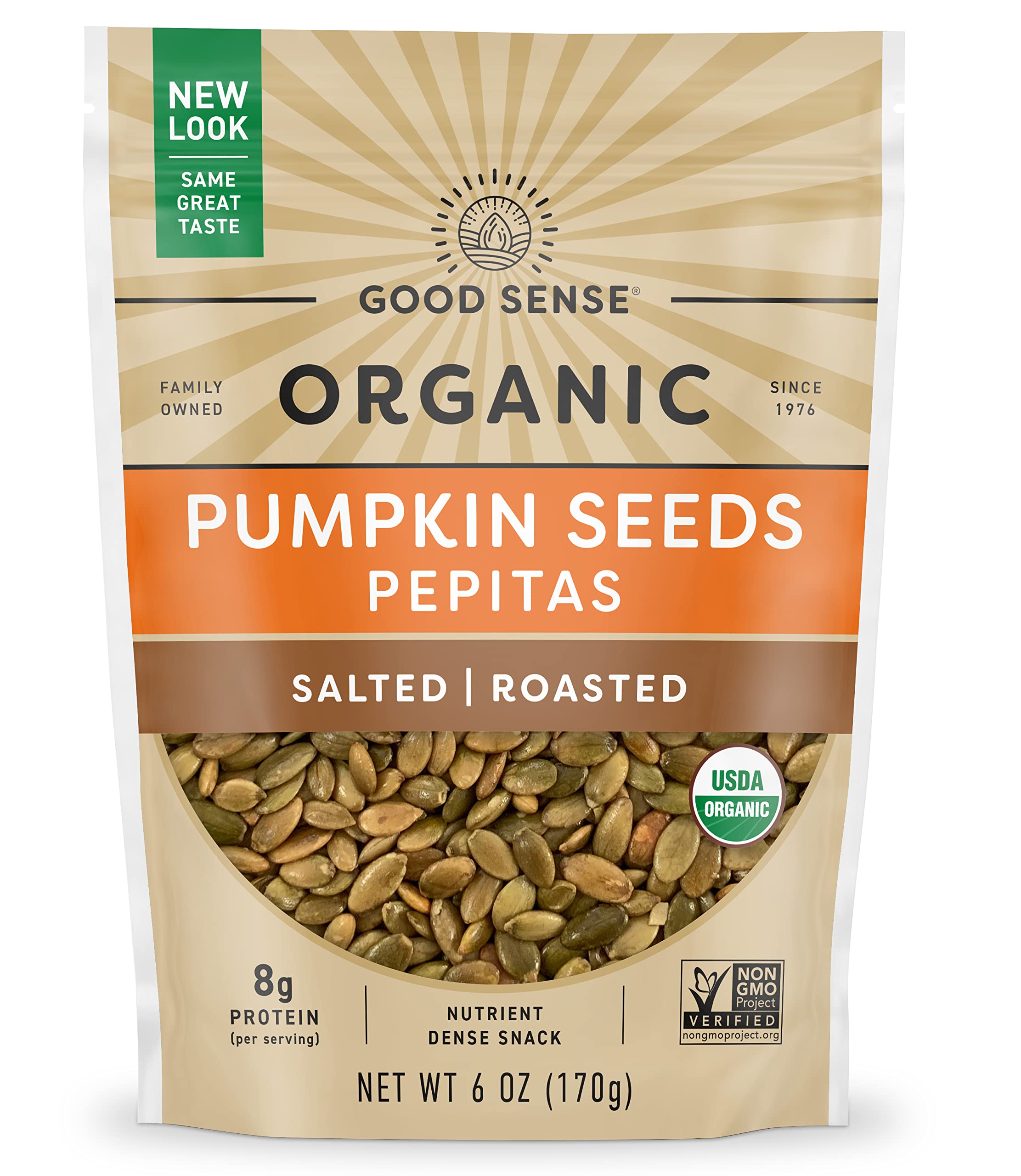 Good Sense roasted organic pumpkin seeds bag closeup for freshness and snack texture.