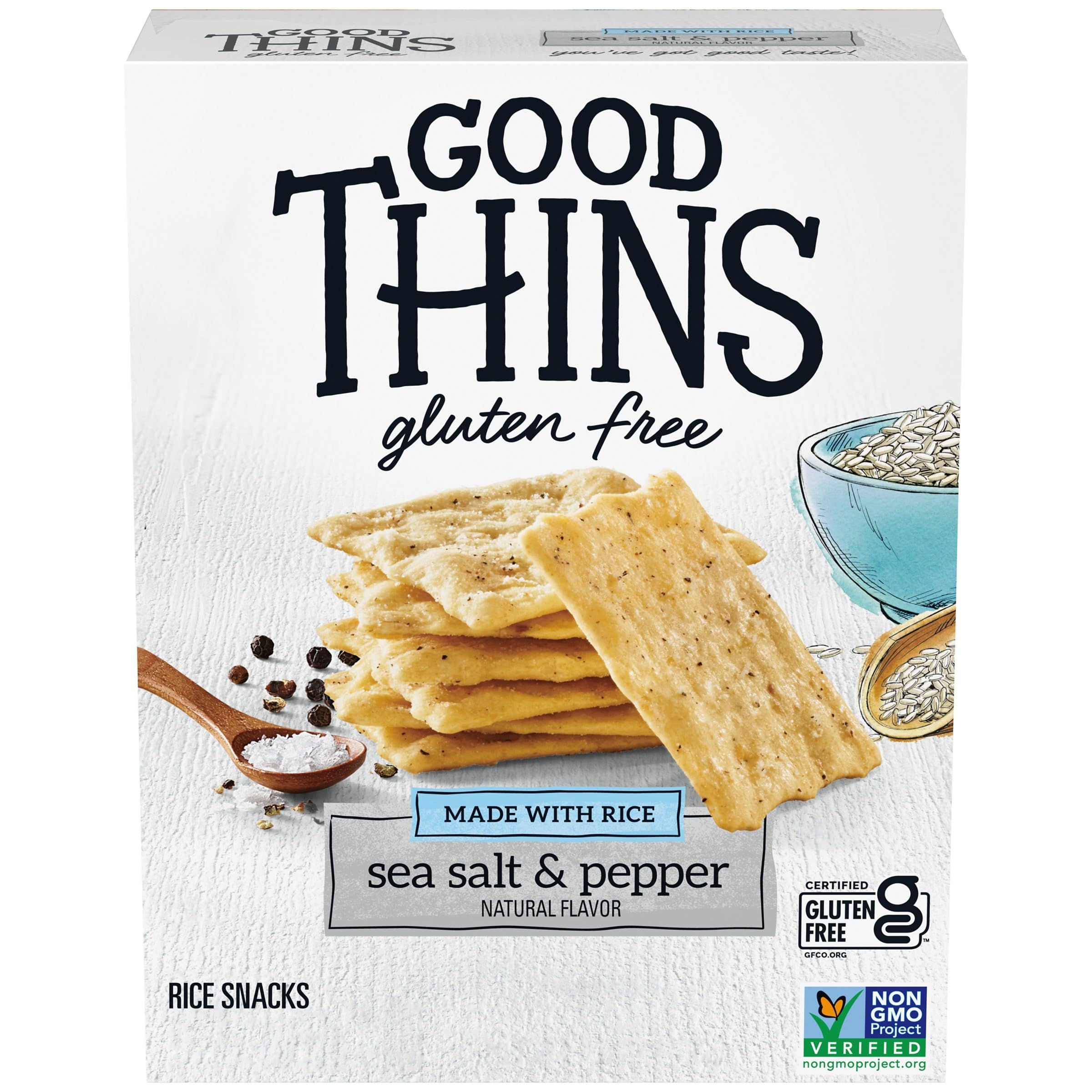 Good Thins Sea Salt and Pepper Rice Snacks box showing crispy gluten-free crackers for everyday snacking