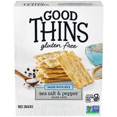 Good Thins Sea Salt and Pepper Rice Snacks box showing crispy gluten-free crackers for everyday snacking