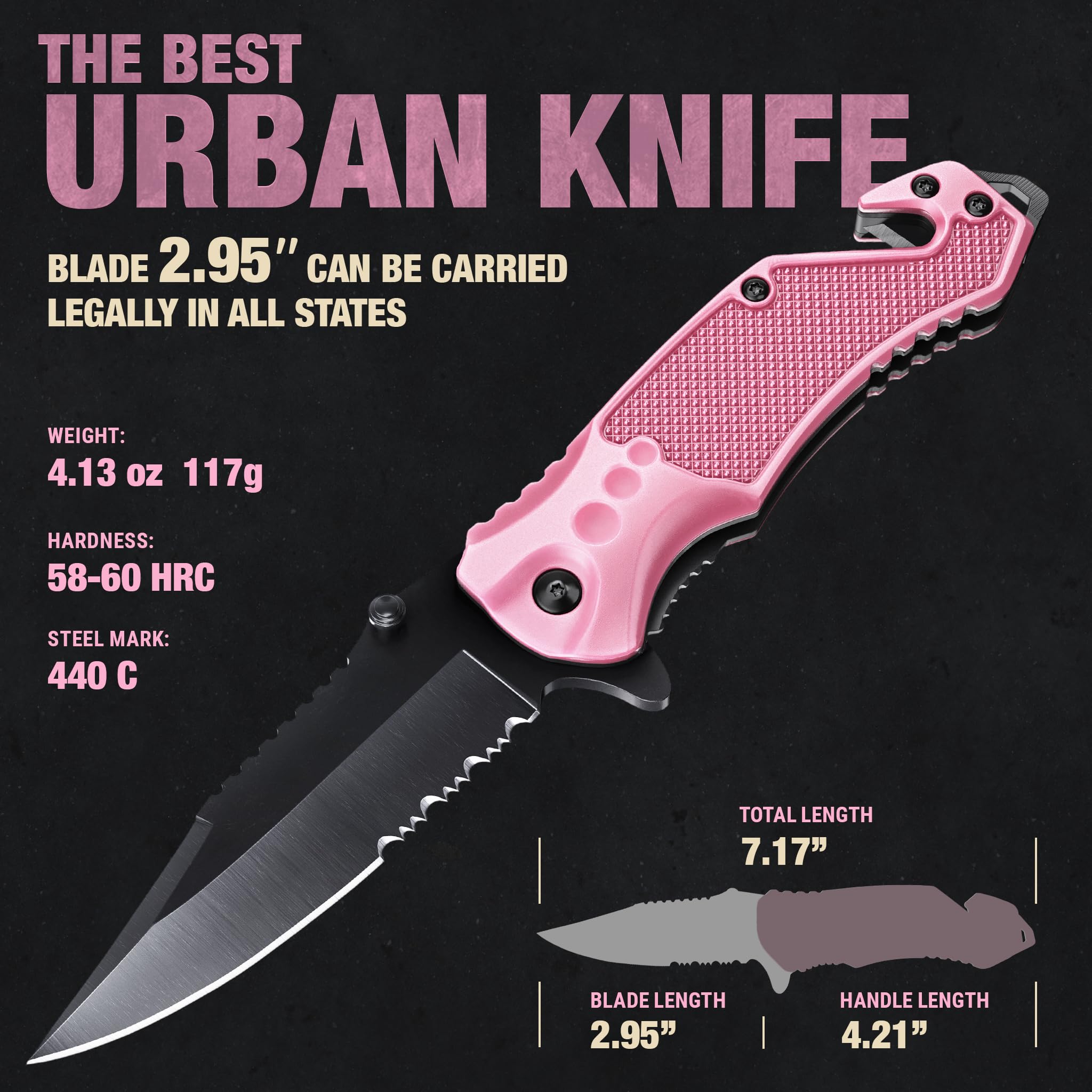 GOOD WORKER pink knife showing glass breaker for emergencies.