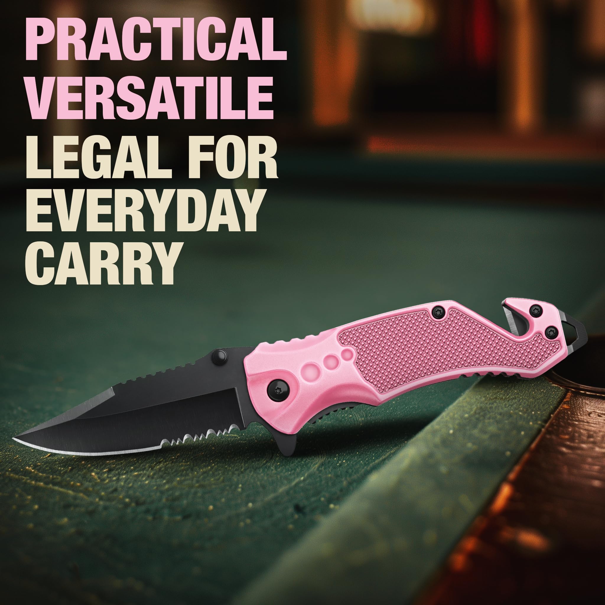 GOOD WORKER pink knife with pocket clip for secure carry.