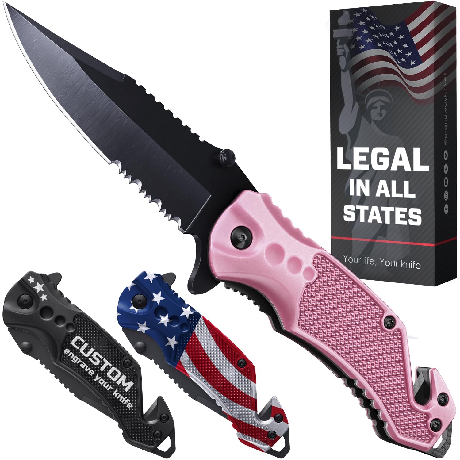 GOOD WORKER pink pocket knife with serrated blade for everyday tasks.