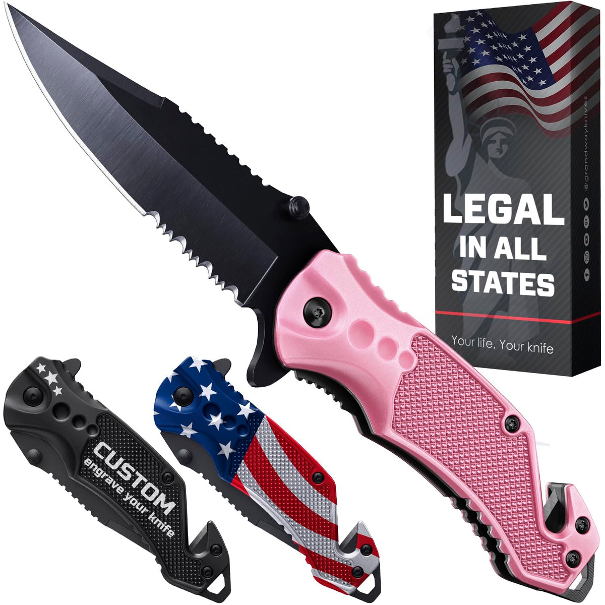 GOOD WORKER pink pocket knife with serrated blade for everyday tasks.
