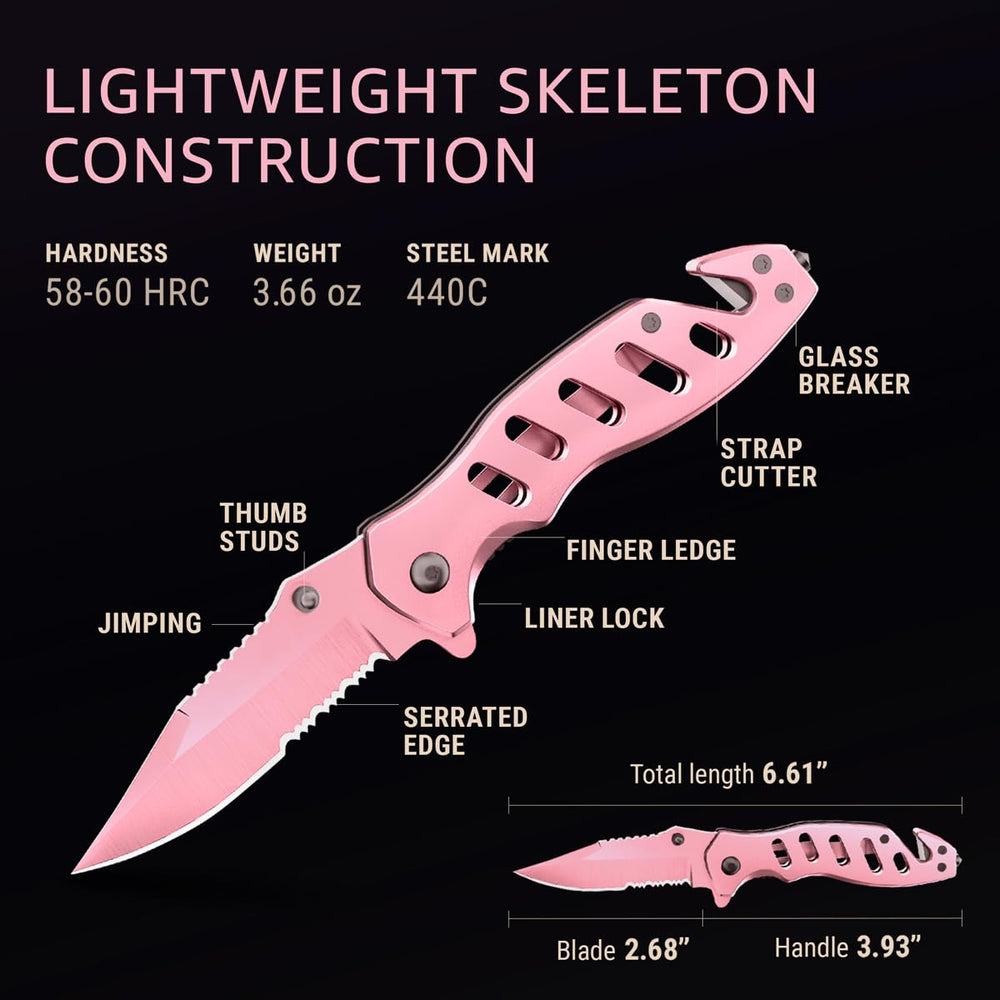 GOOD WORKER pink pocket knife serrated blade for tough cuts.