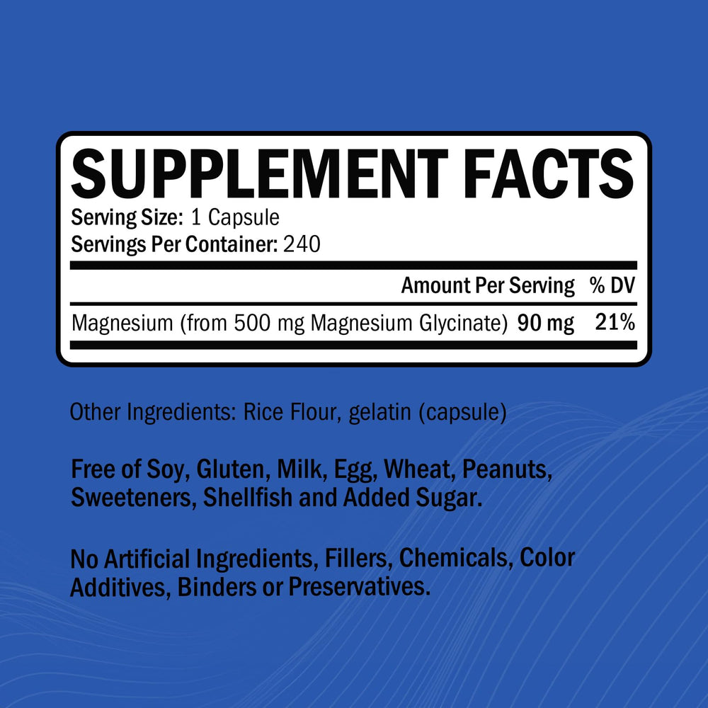 GOODBIO Magnesium Glycinate capsules close-up highlighting gentle, stomach-friendly formula
