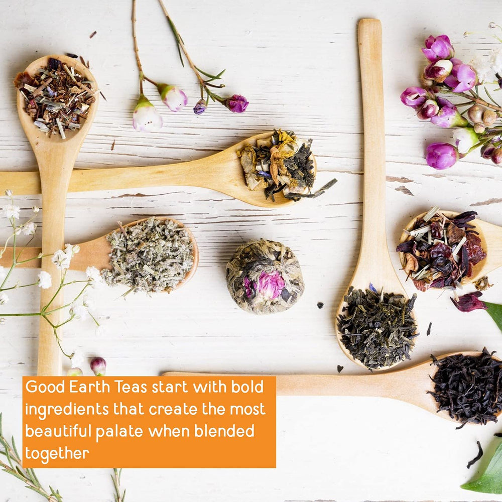 Good Earth Tea Co. Sweet & Spicy with ginger slices highlight warm spice notes.