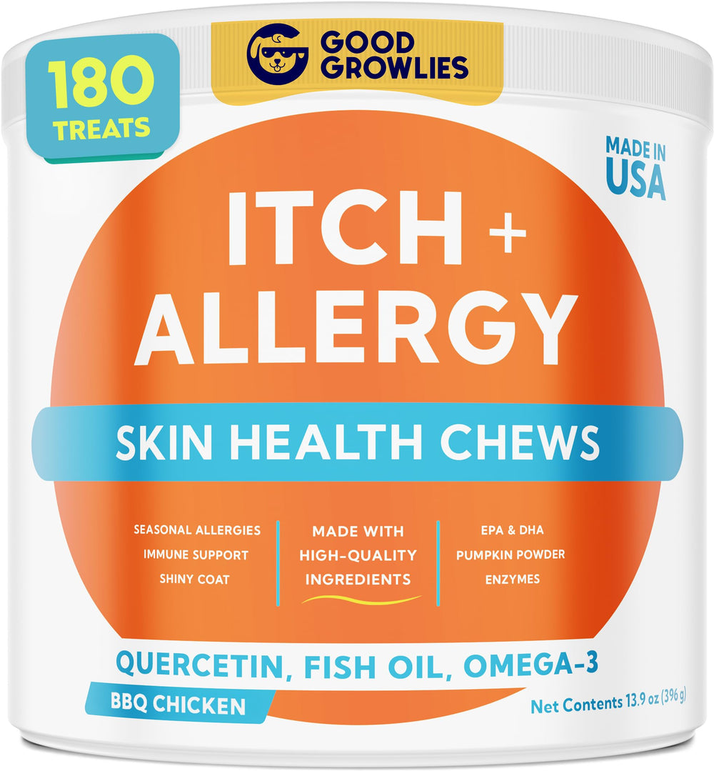 GOODGROWLIES dog allergy chews bottle showing anti-itch support.
