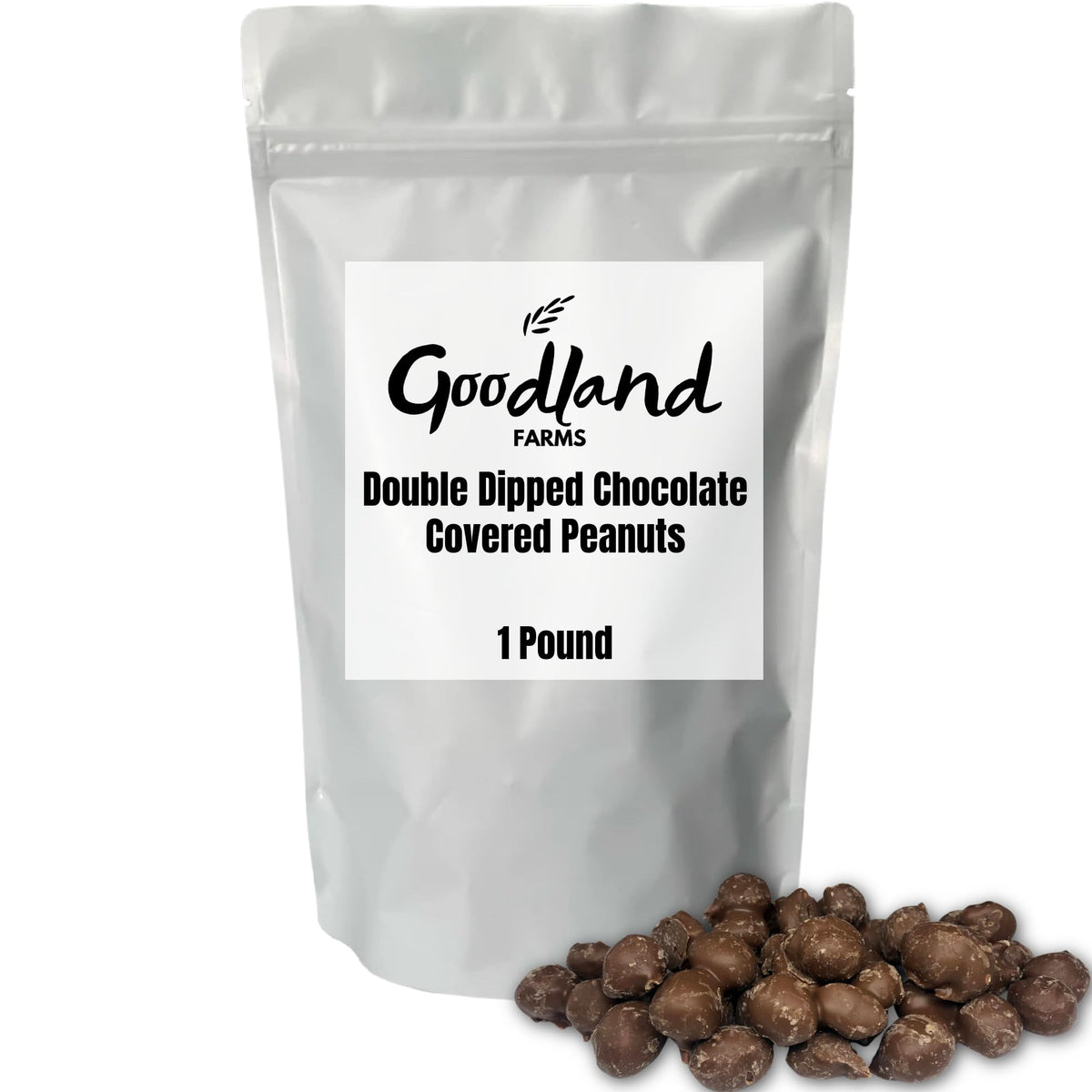 Goodland Farms Double Dipped Peanuts milk chocolate close-up, rich coating and crunchy texture.