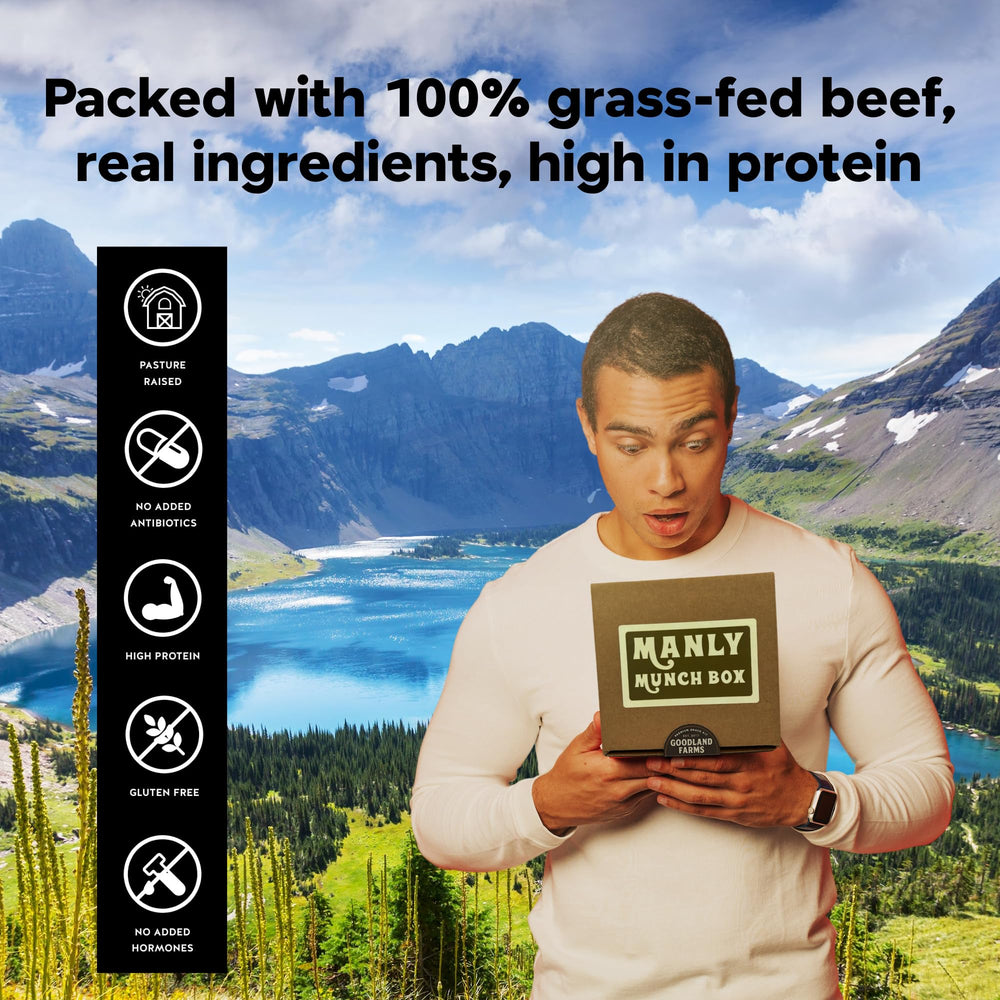 Goodland Farms jerky variety pack close-up shows smoky beef and turkey slices.
