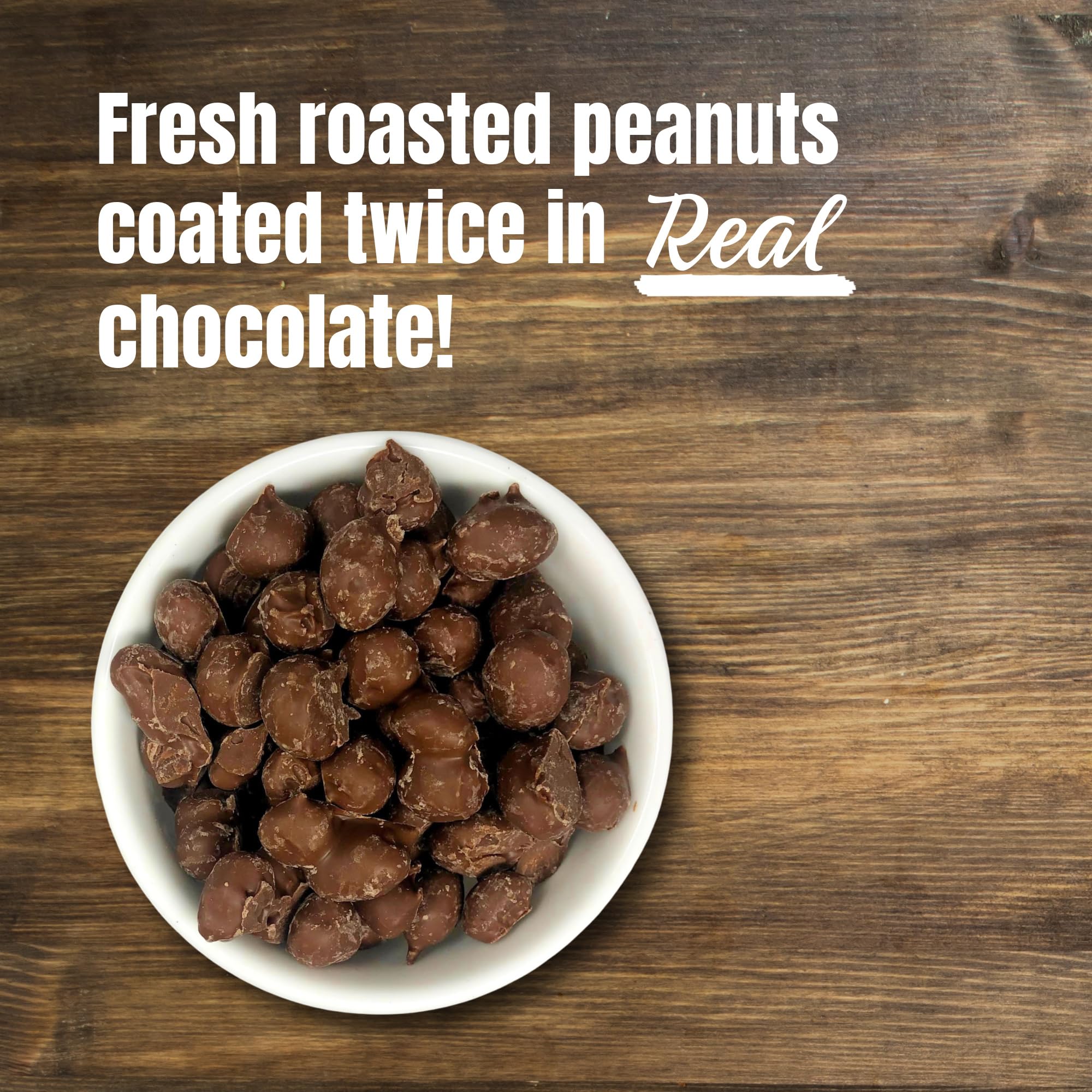 Goodland Farms two-layer chocolate coating on peanuts, silky finish and indulgence.