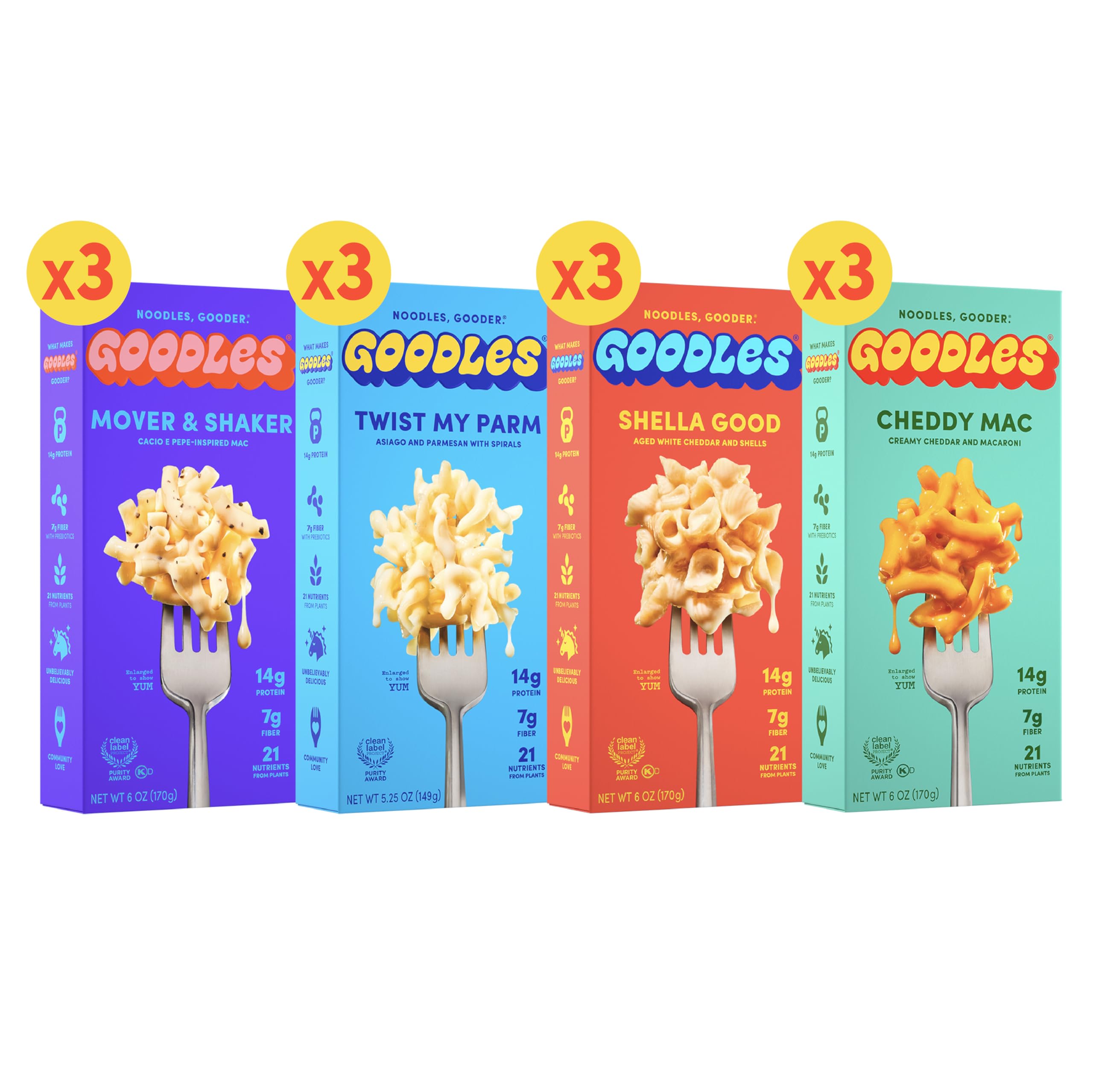 Goodles Cheddy Mac box front showing a protein-packed meal.