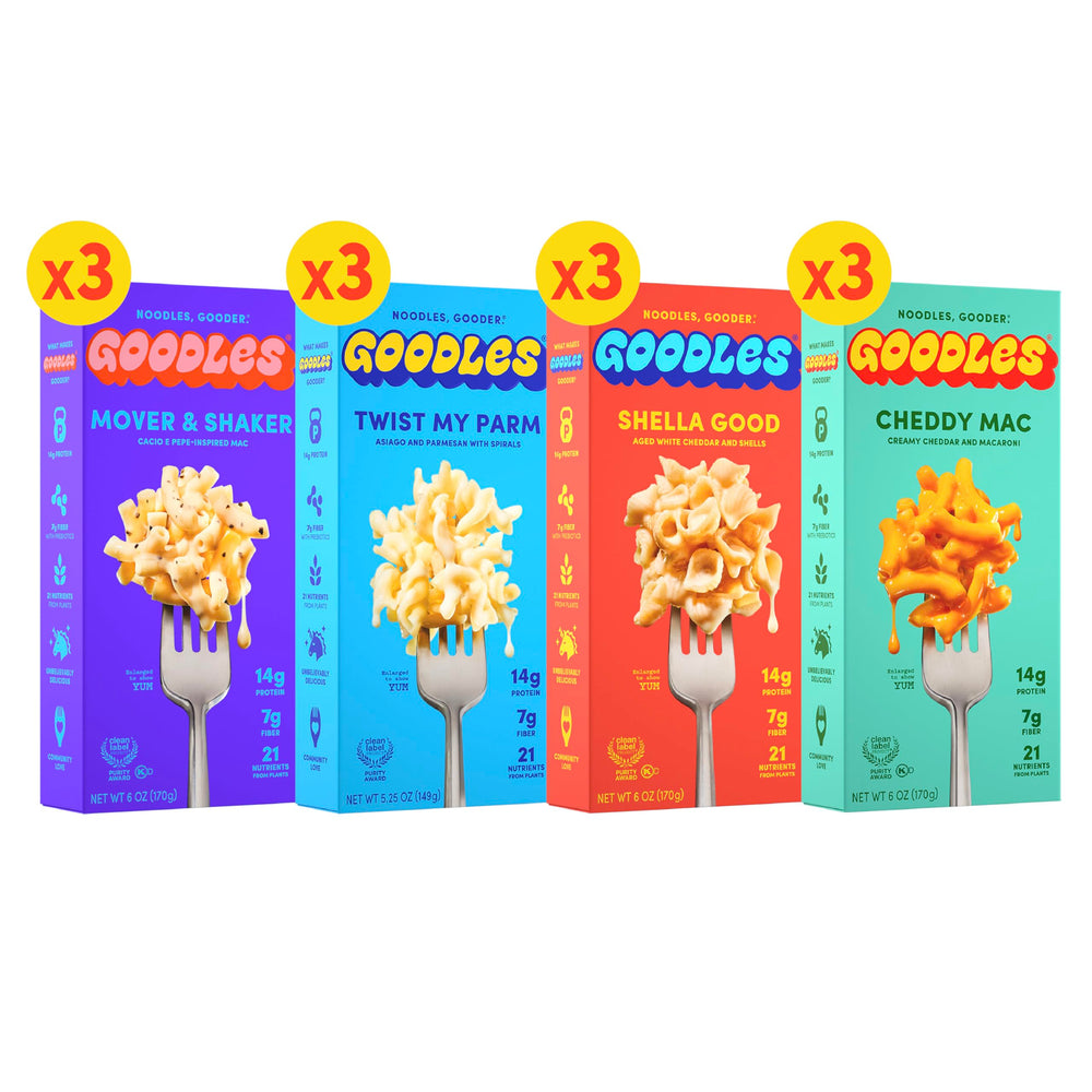 Goodles Cheddy Mac box front showing a protein-packed meal.
