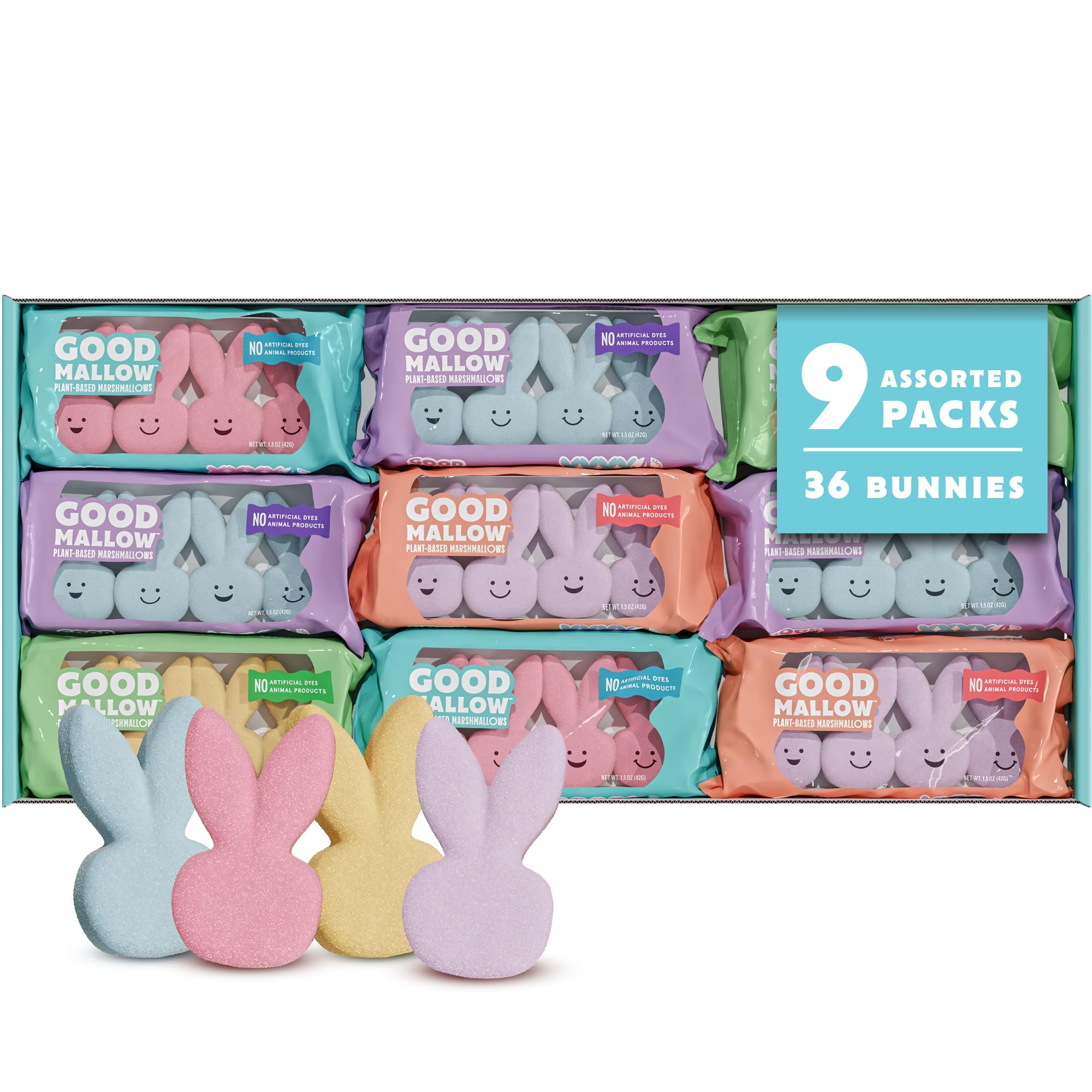 GoodMallow Easter Bunny Marshmallows with pastel colors for vegan Easter snacking.