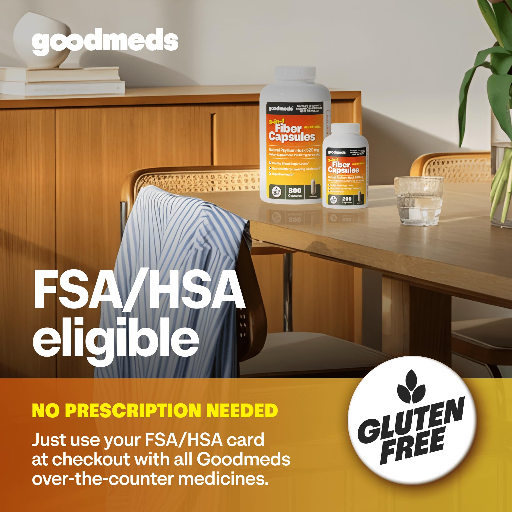 Bottle with glass of water illustrating routine fiber intake by GoodMeds.