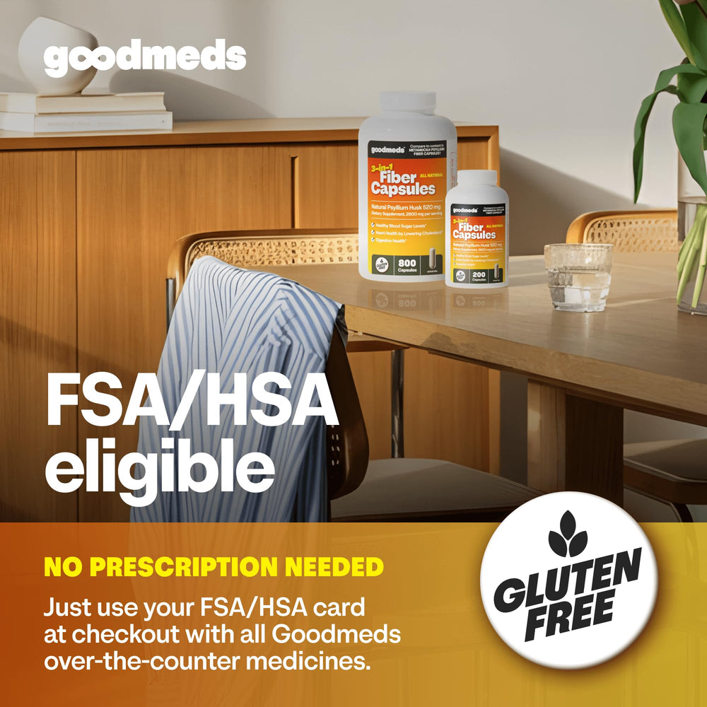 Bottle with glass of water illustrating routine fiber intake by GoodMeds.