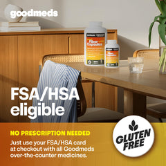 Bottle with glass of water illustrating routine fiber intake by GoodMeds.