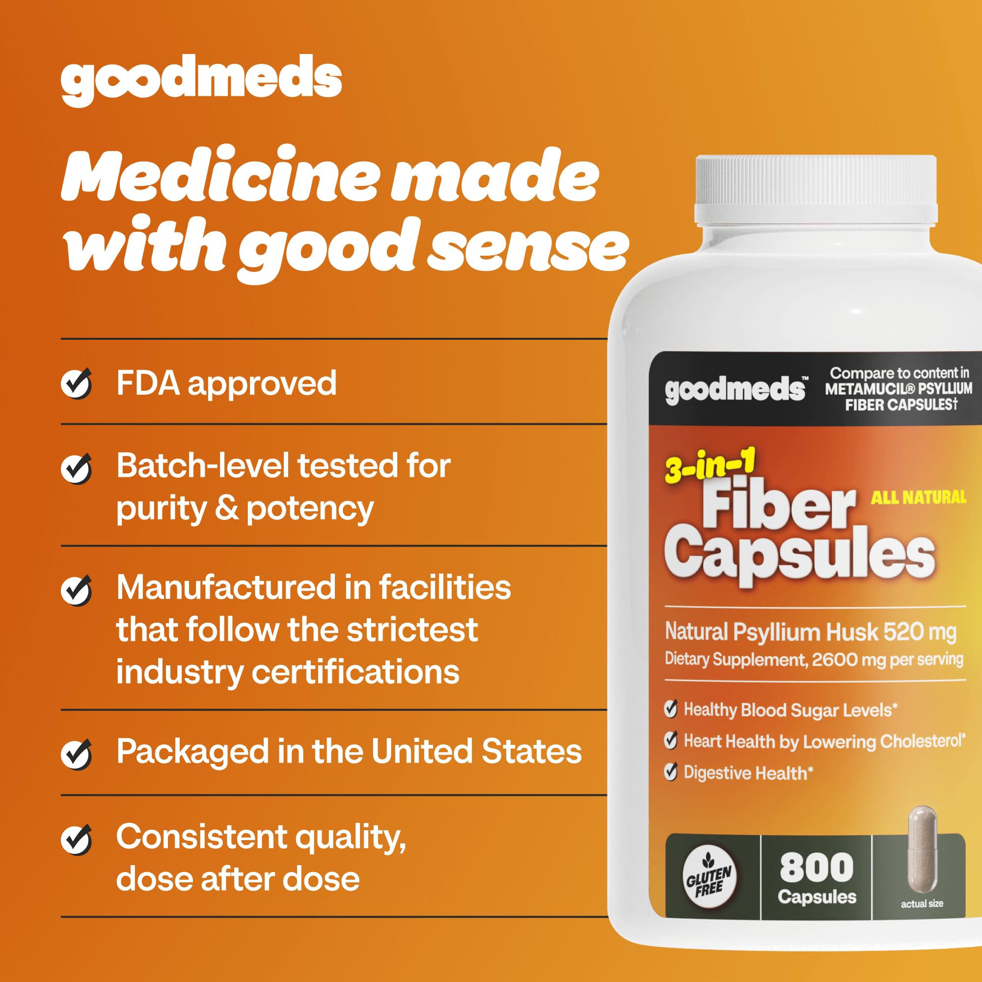 Label detail on GoodMeds psyllium husk bottle highlights natural fiber.