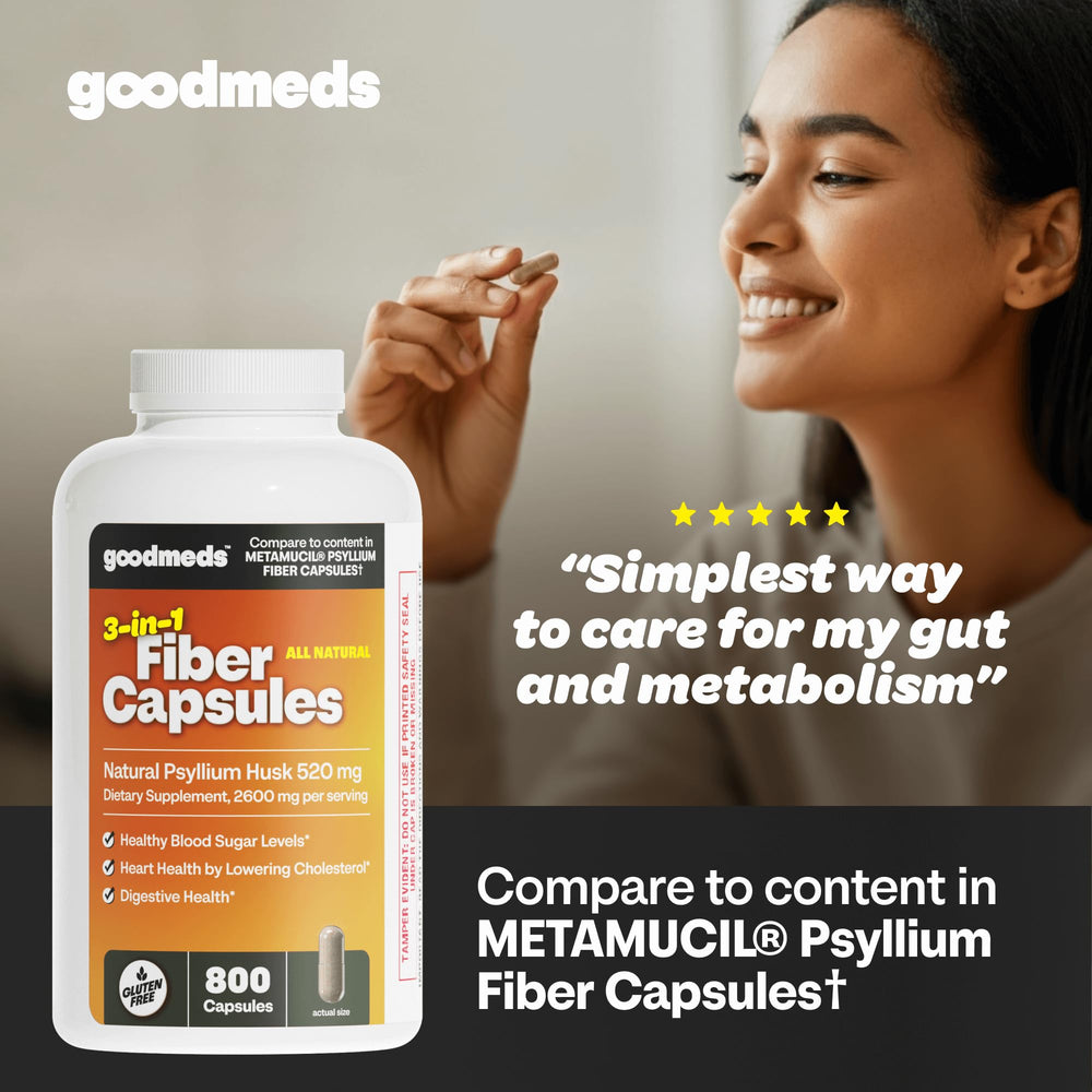 Close-up of GoodMeds psyllium husk fiber capsules for easy daily intake.