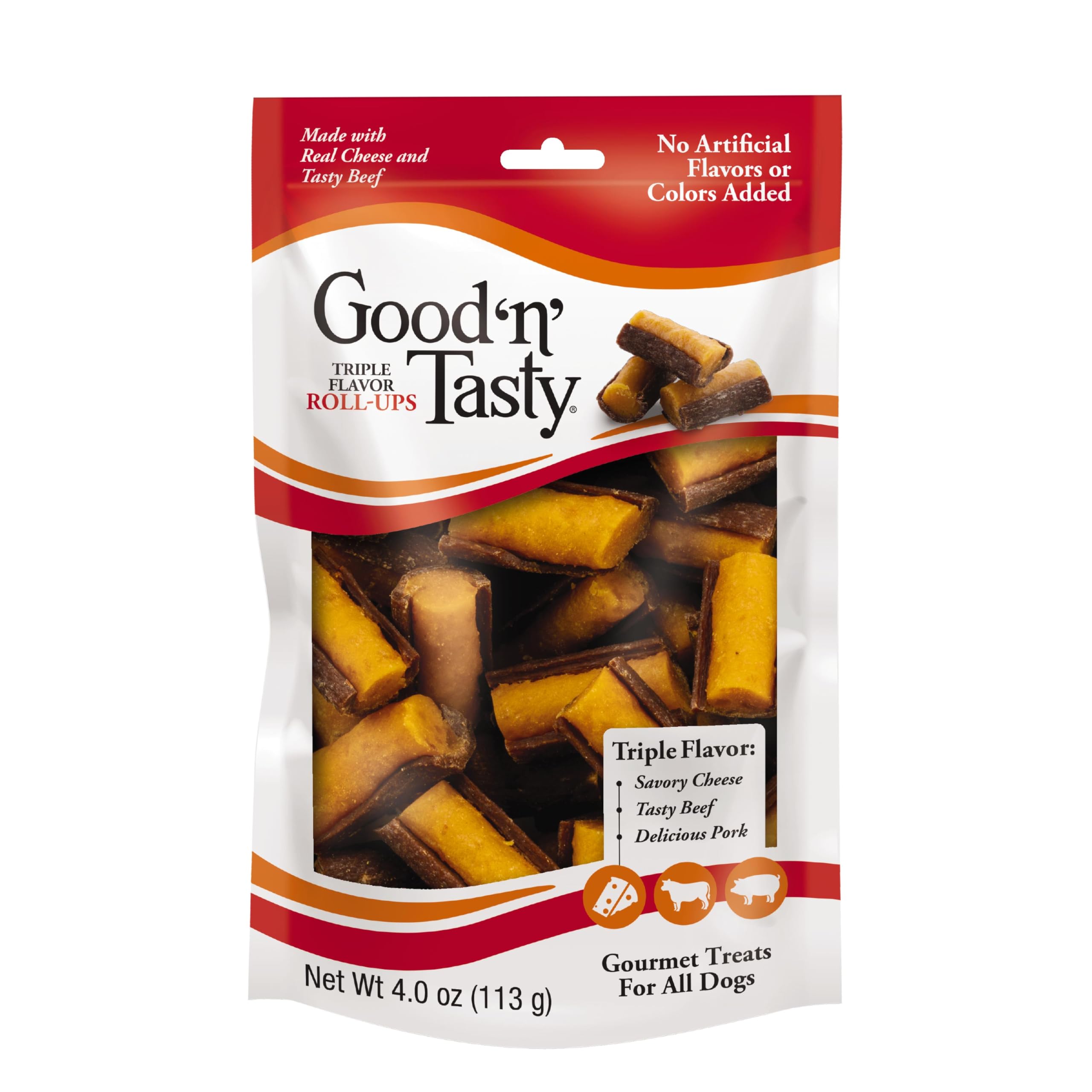 GoodnTasty Triple Flavor Roll-Ups dog training treat, supports interactive rewards.