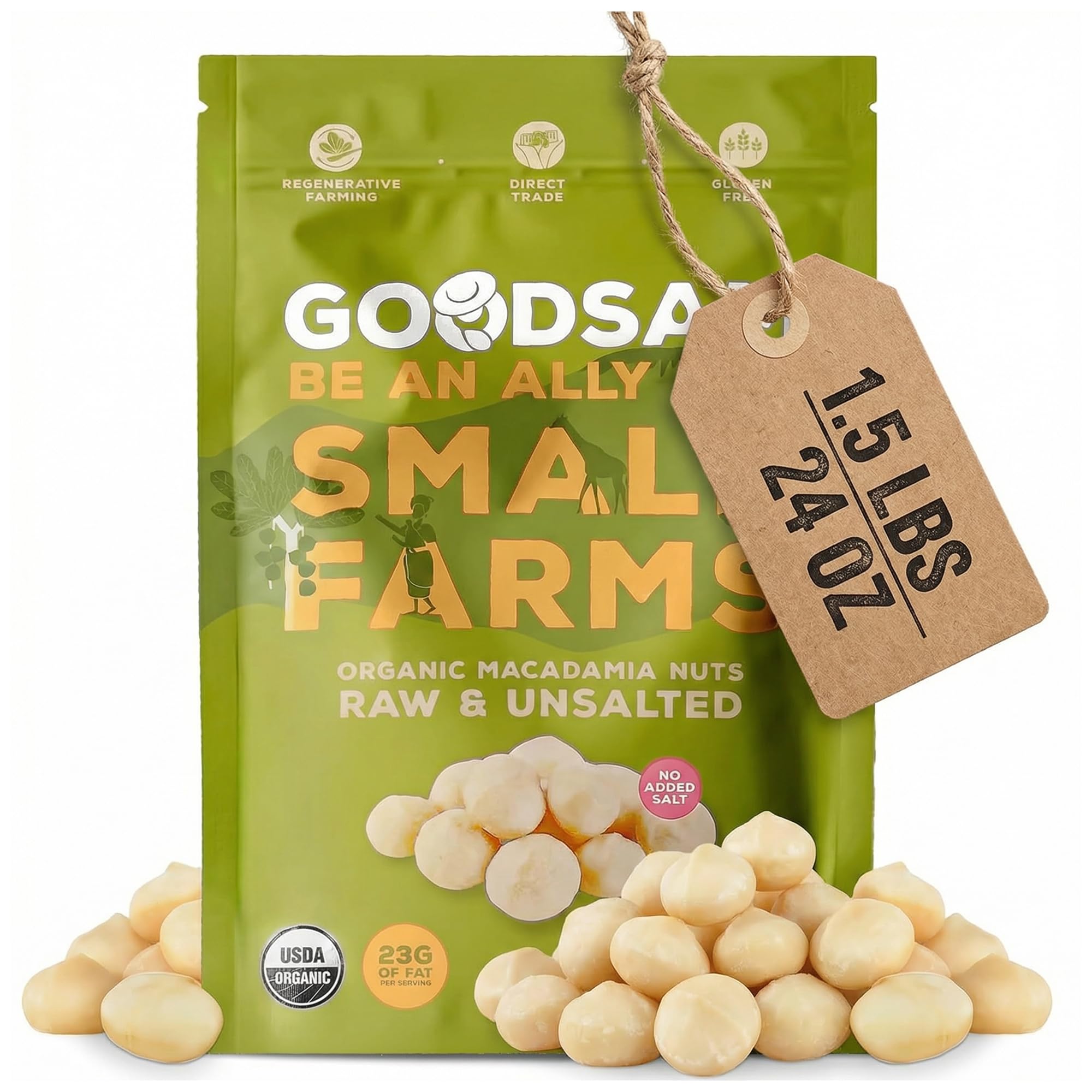Goodsam Small Farms macadamia nuts bag closeup, pure and additive-free.
