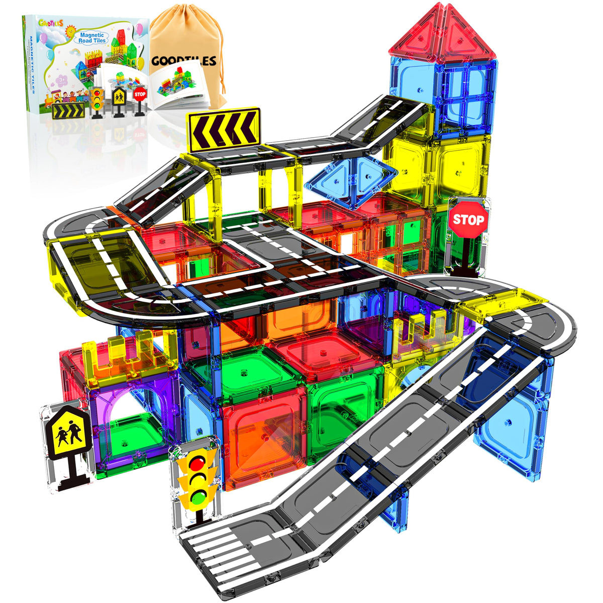 Goodtiles Magnetic Tiles Road Set: kids design dynamic road layouts and playful city planning.