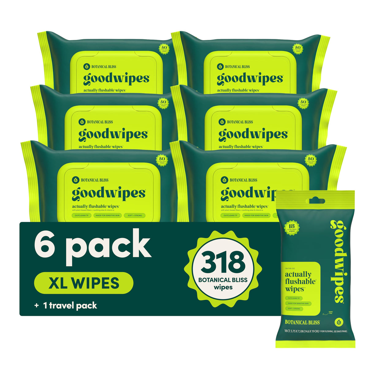Goodwipes Botanical Bliss hero shot, flushable wipes for a clean, confident bathroom routine.