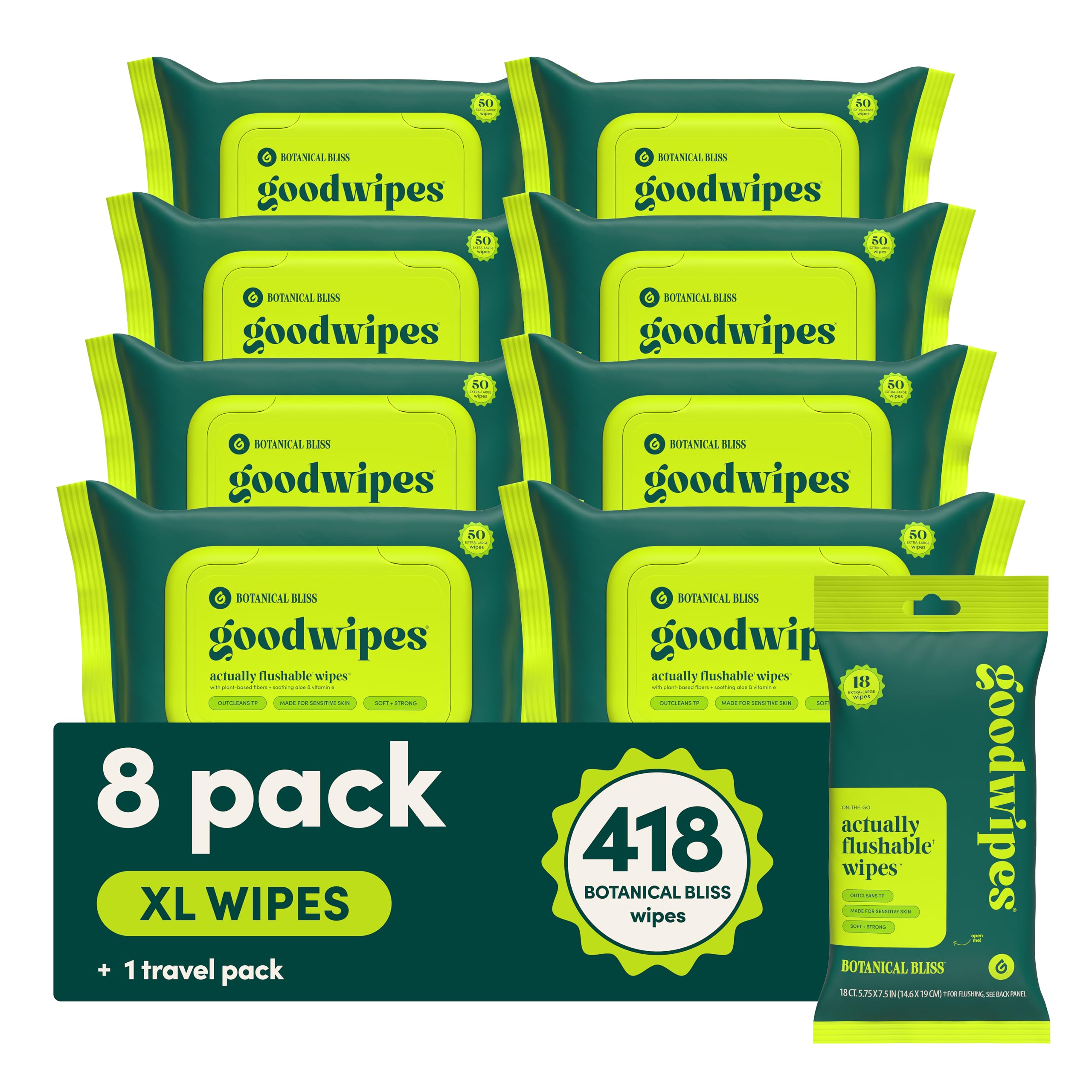 Goodwipes Botanical Bliss packaging highlighting flushable wipes for everyday use