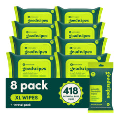 Goodwipes Botanical Bliss packaging highlighting flushable wipes for everyday use
