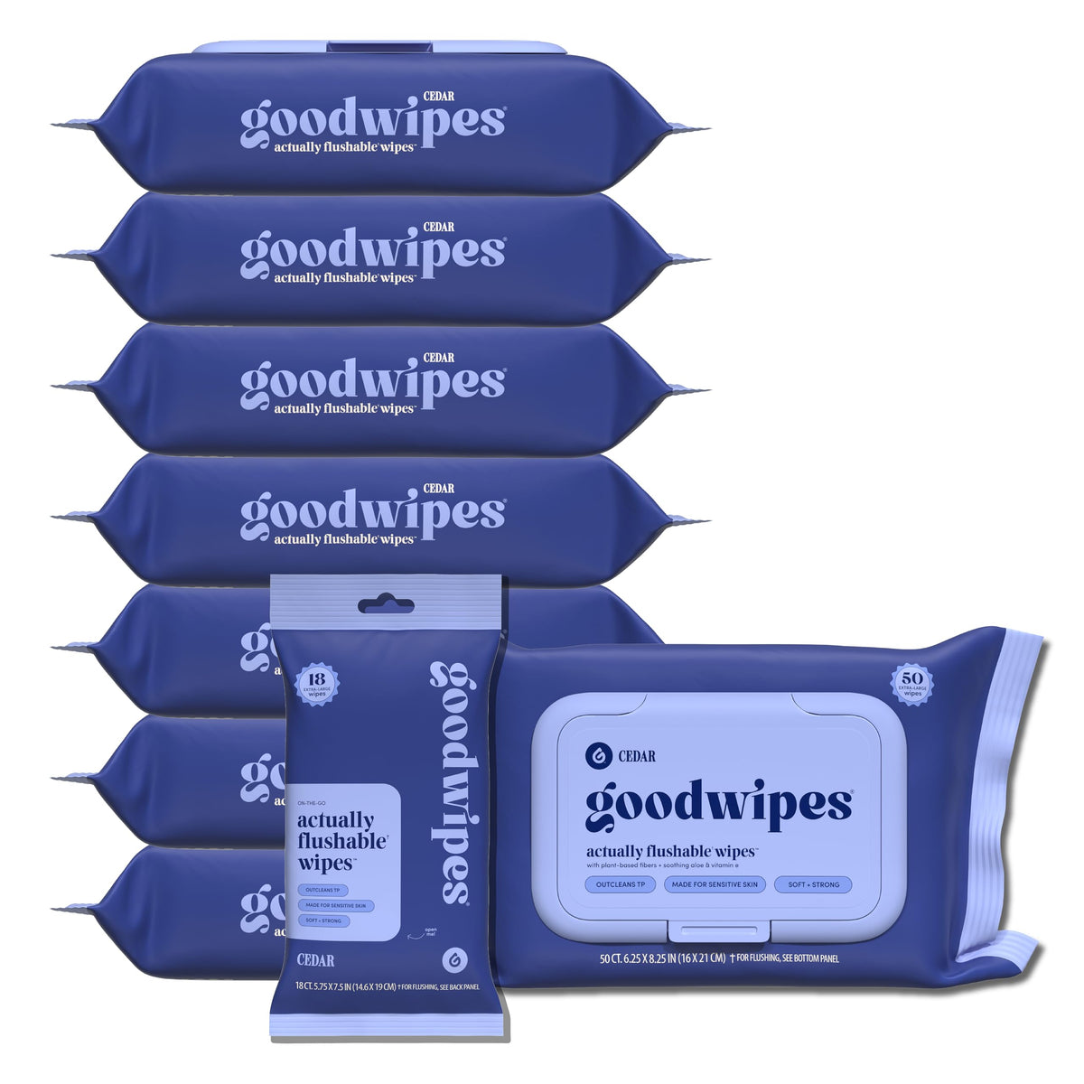 Goodwipes cedar pack front shows flushable wipes with a fresh cedar scent for quick refresh