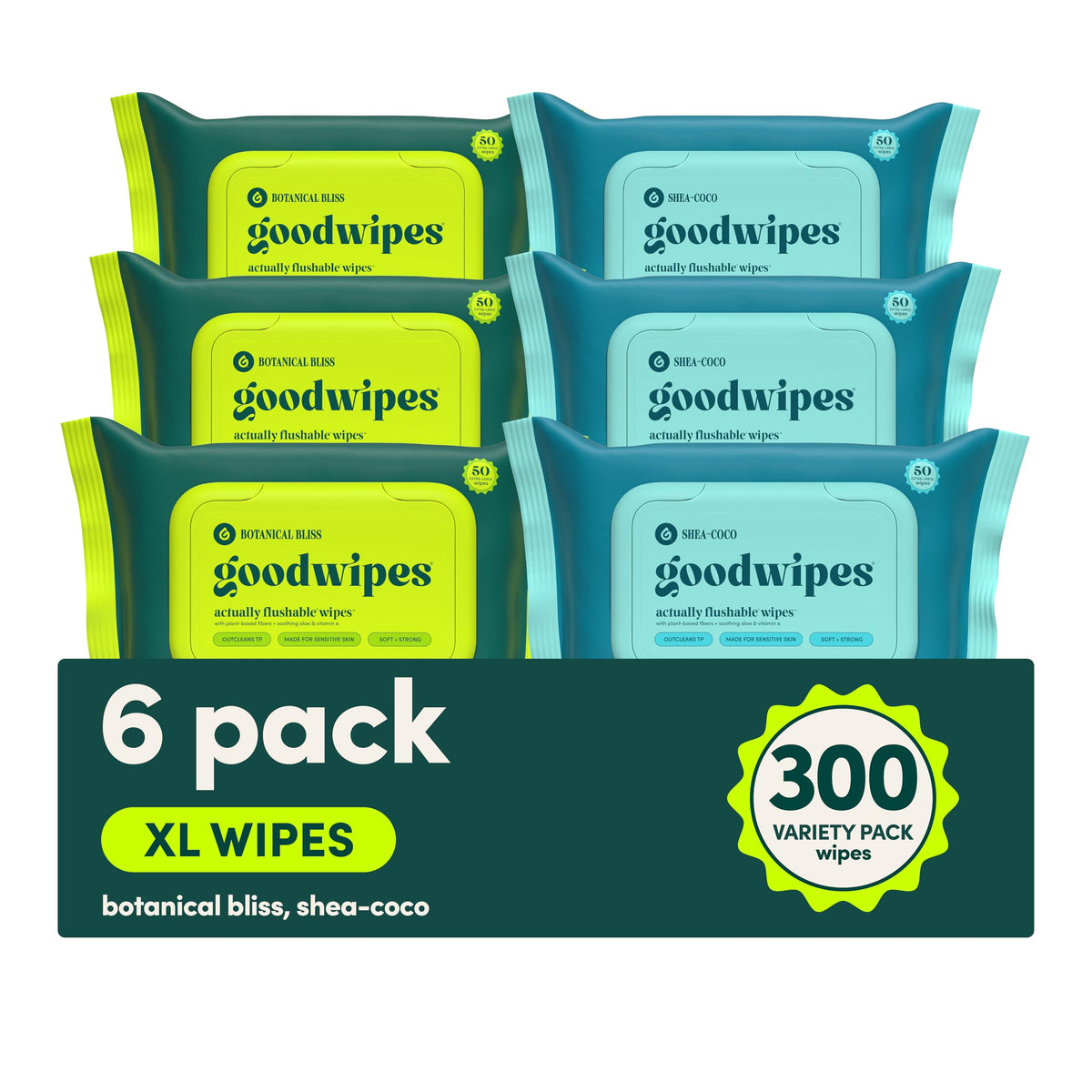 Goodwipes flushable butt wipes front-pack showcasing 300-count box for home use.