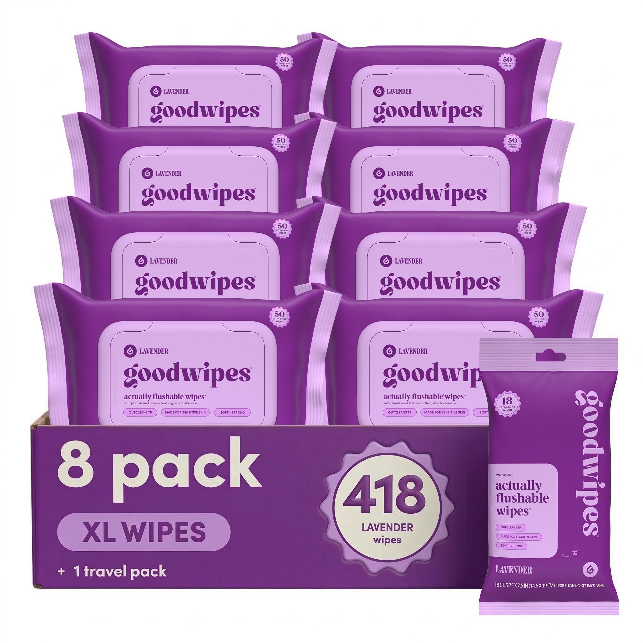 Goodwipes lavender packaging for flushable butt wipes, convenient 8-pack for home use.