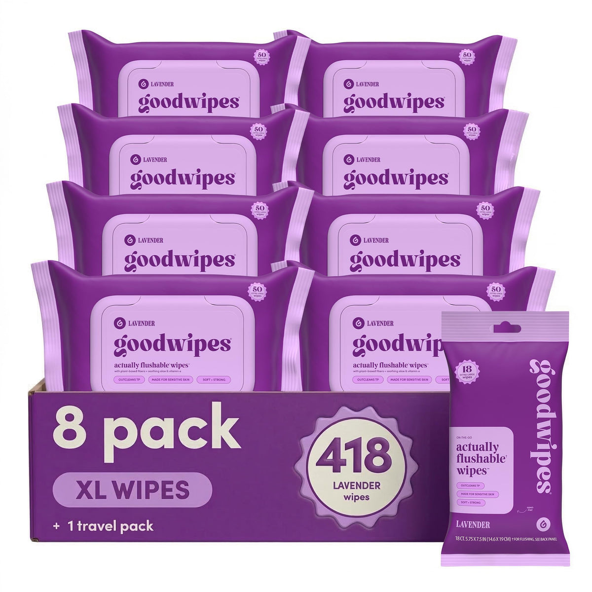Goodwipes lavender packaging for flushable butt wipes, convenient 8-pack for home use.