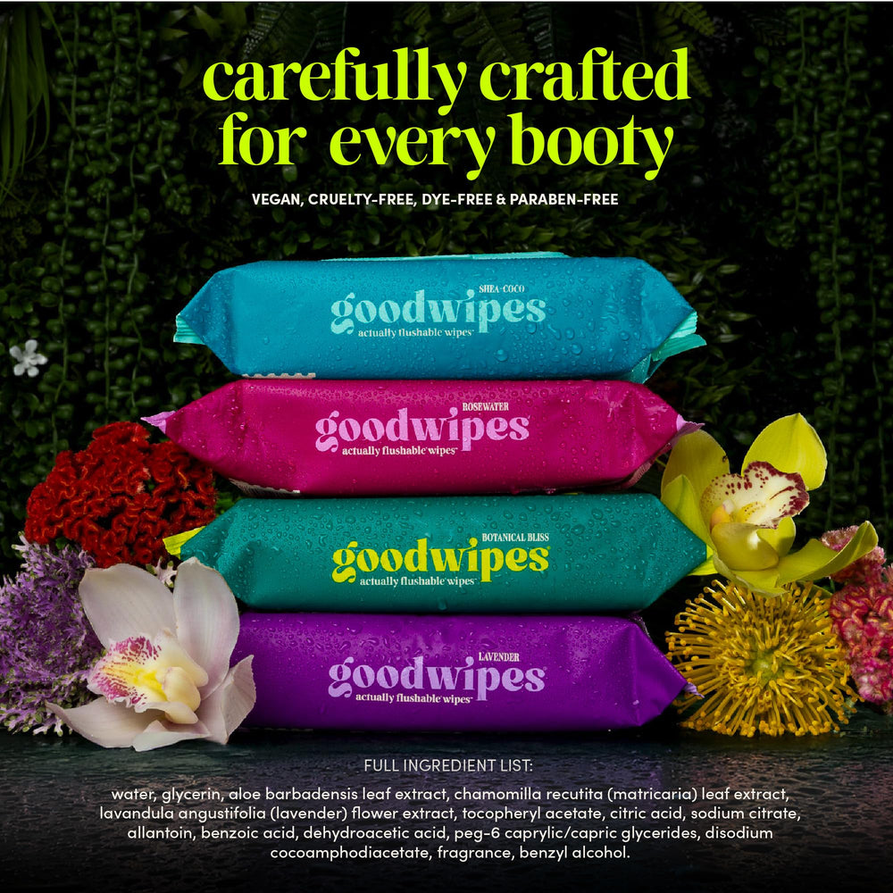 Goodwipes packaging display highlighting 6-pack plus travel pack for home and travel.