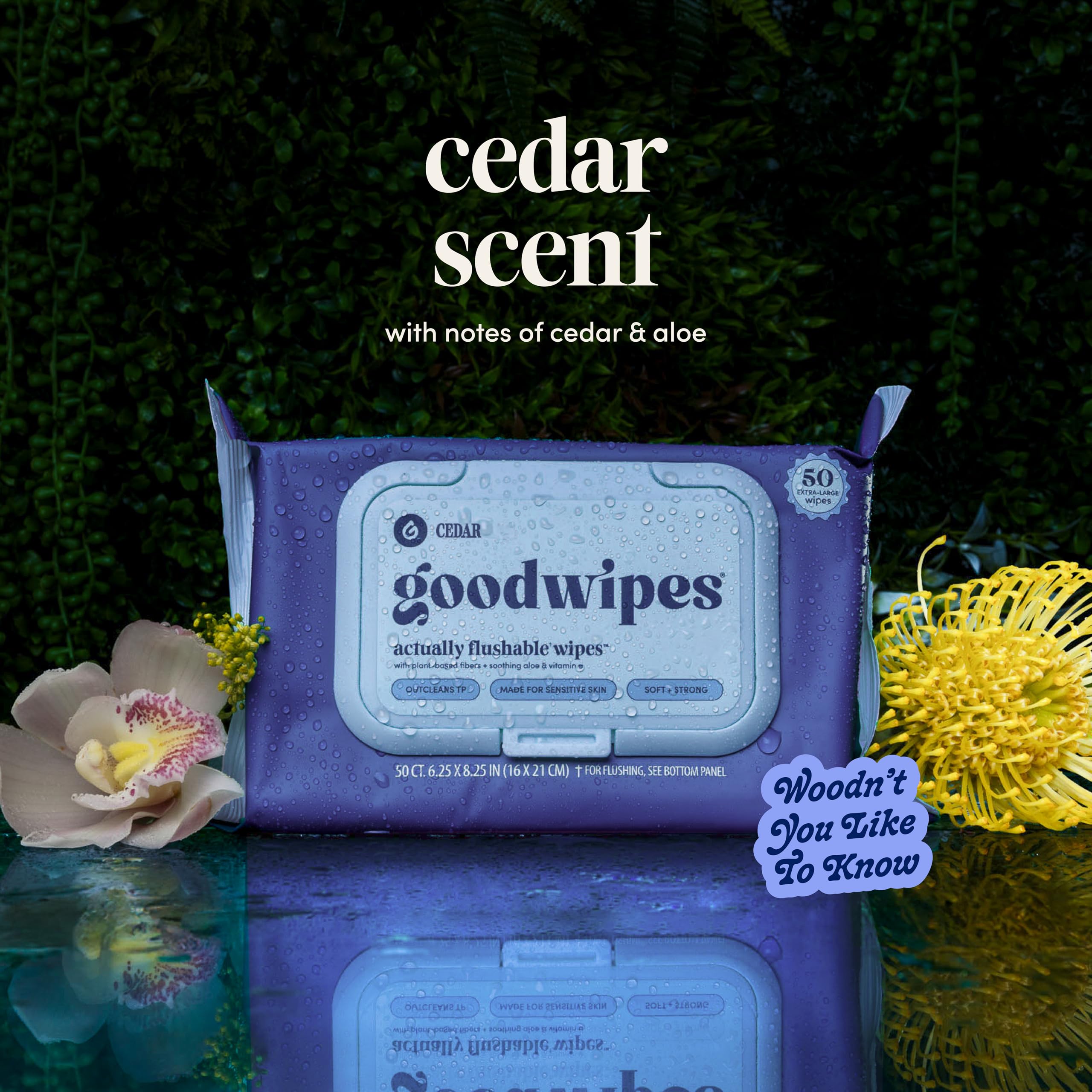 Goodwipes wipe on bathroom counter demonstrating strength and flushable performance.