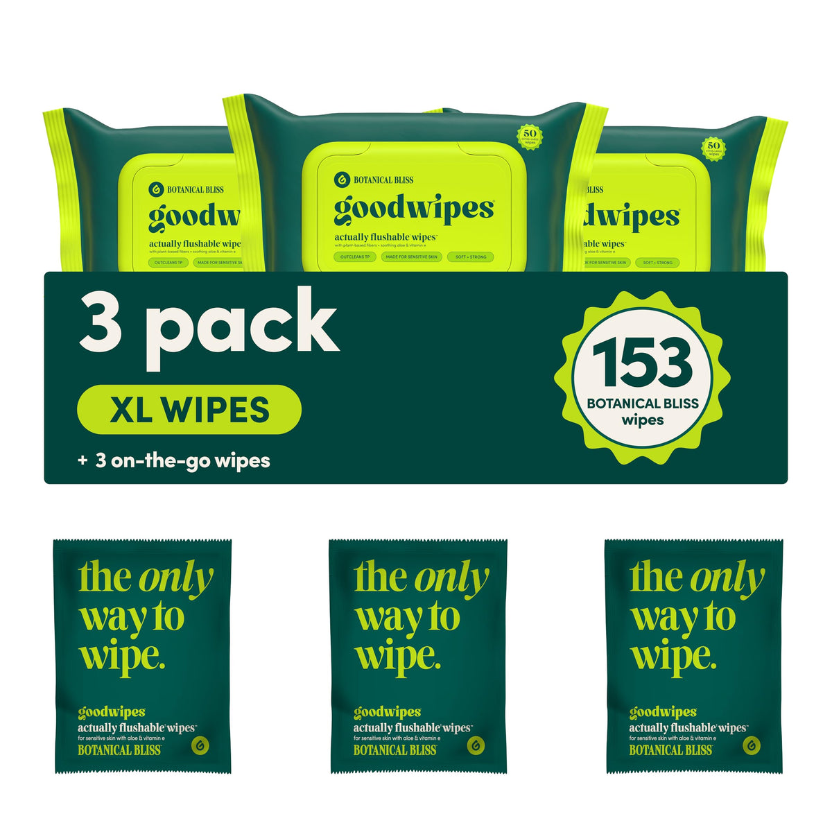 Goodwipes packaging box showing three-pack for septic-safe wipes