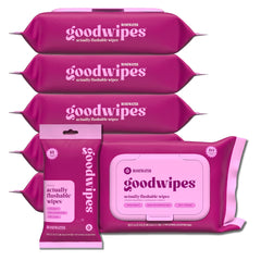 Goodwipes Rosewater flushable butt wipes pack front shows generous size and easy-to-use packaging
