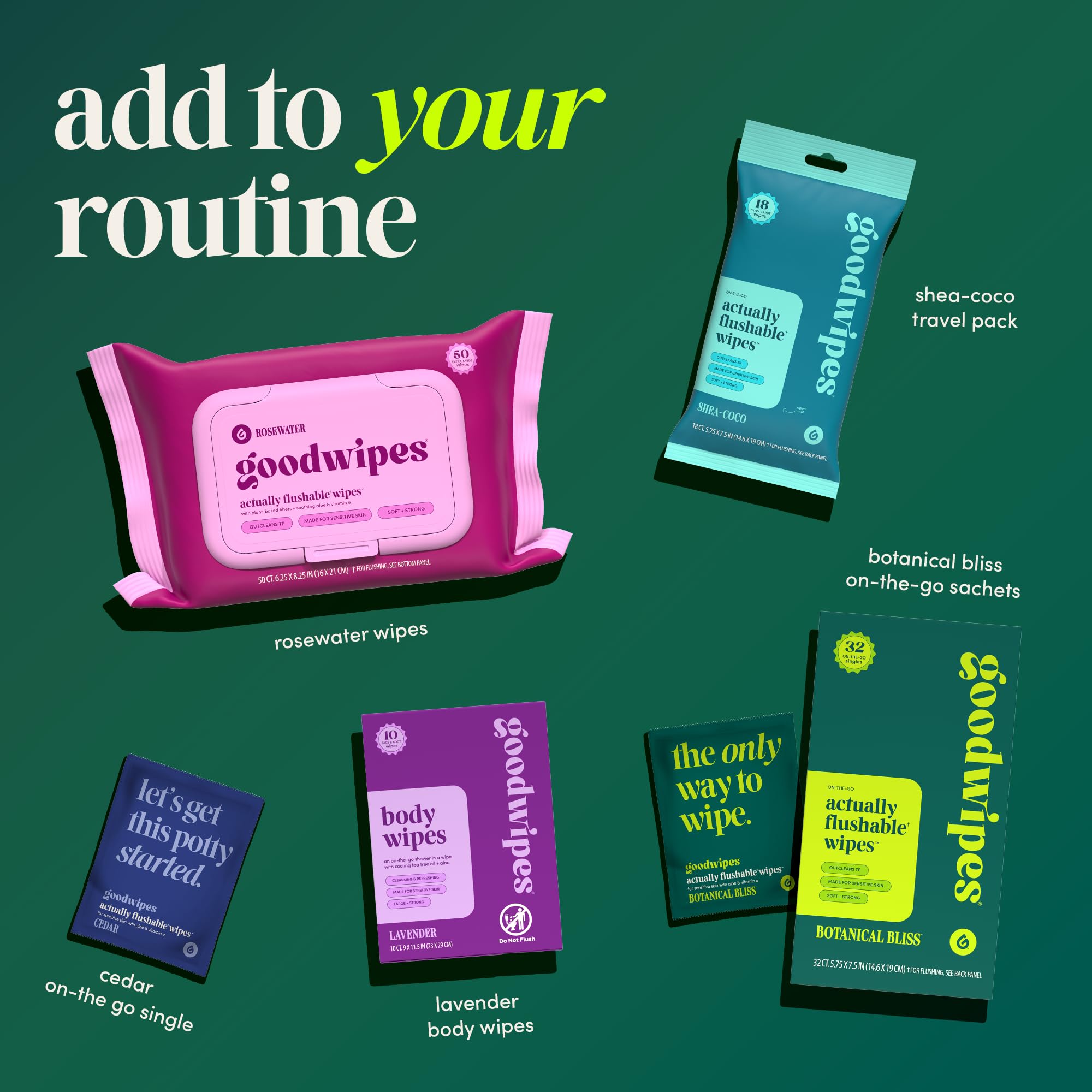 Flushable Goodwipes Rosewater wipes offer confidence for quick bathroom resets.