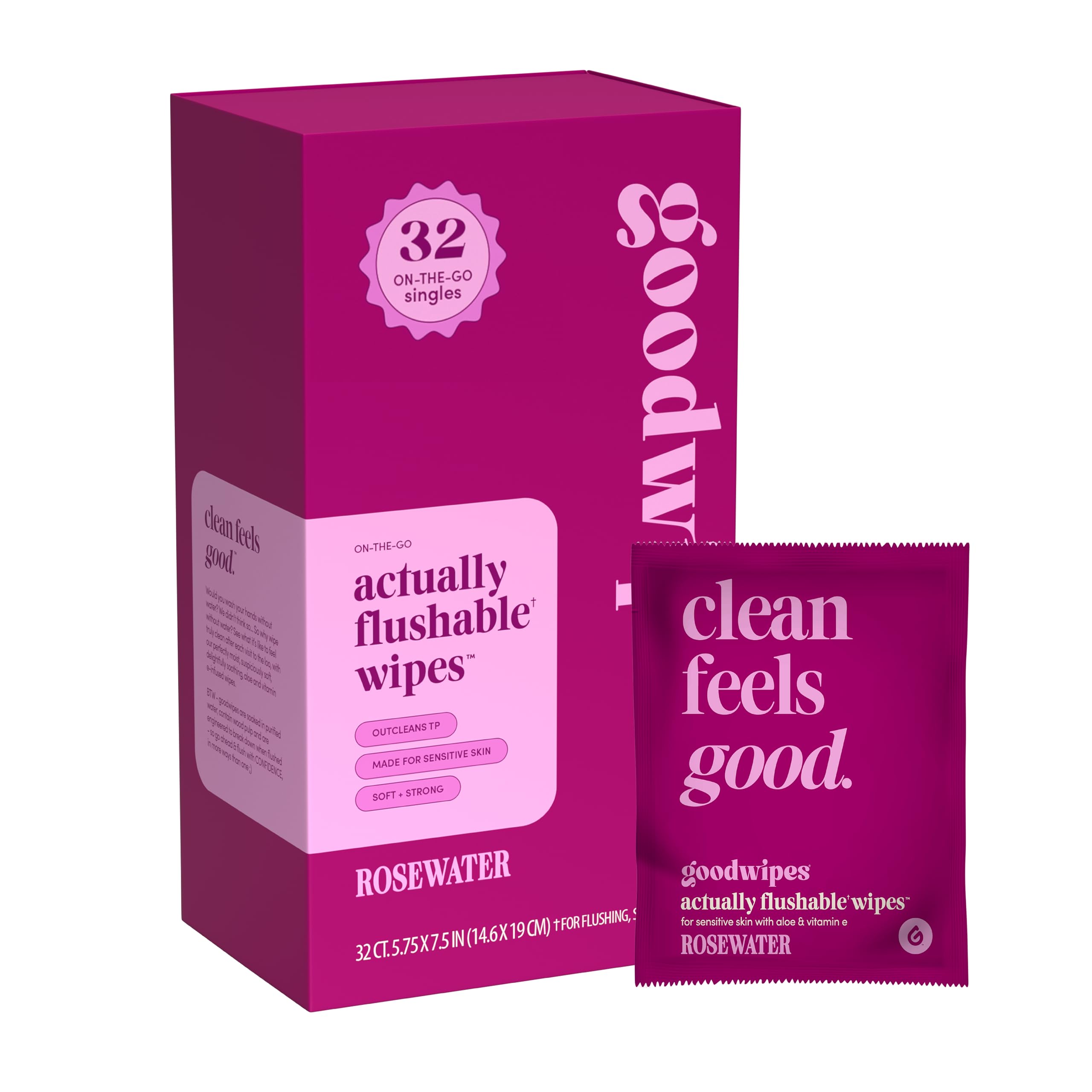 Goodwipes Rosewater wipes pack close-up highlighting flushable, on-the-go freshness.