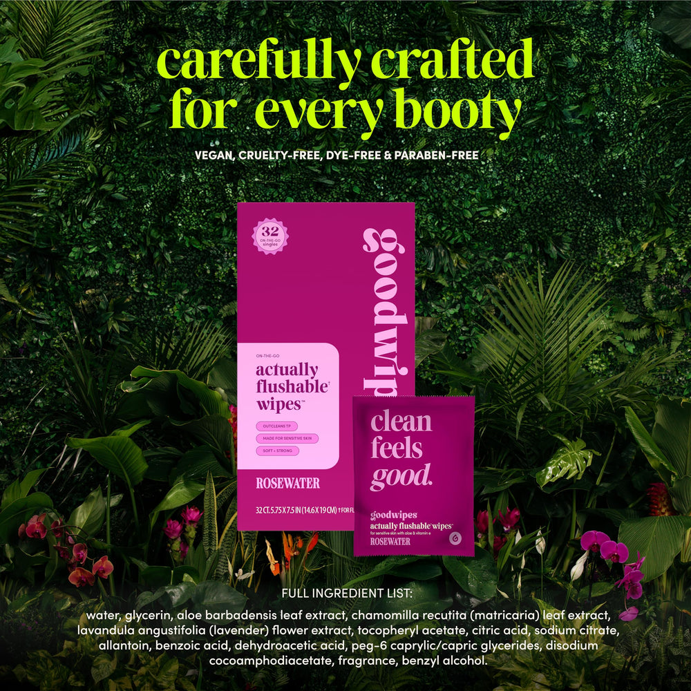 Plant-based fibers in Goodwipes Rosewater for responsible cleansing.