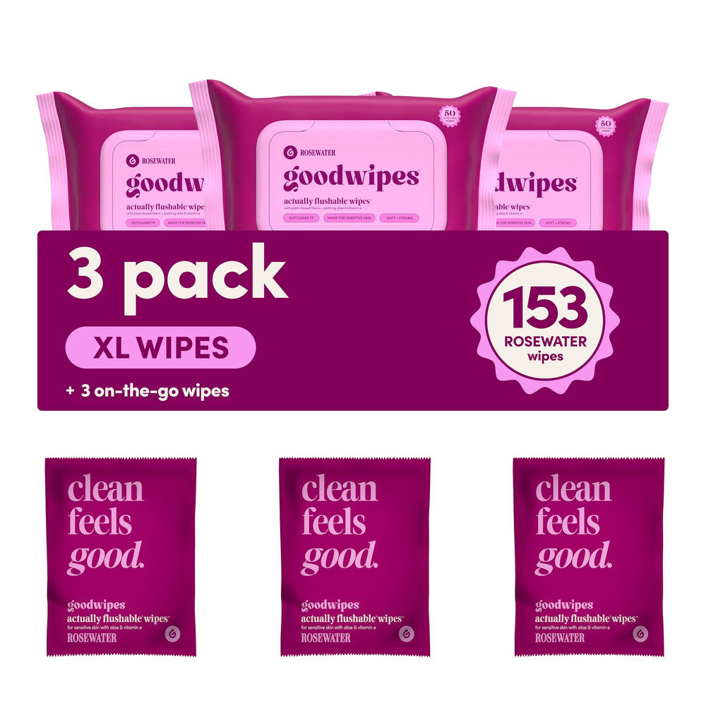 Goodwipes rosewater XL flushable wipes offer on-the-go refresh.