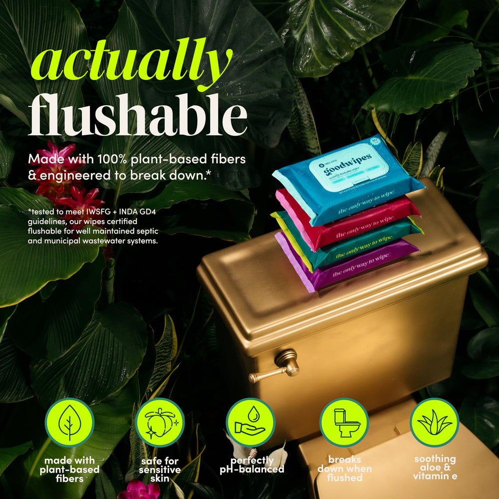 Goodwipes six-pack display shows bulk value for families and households.