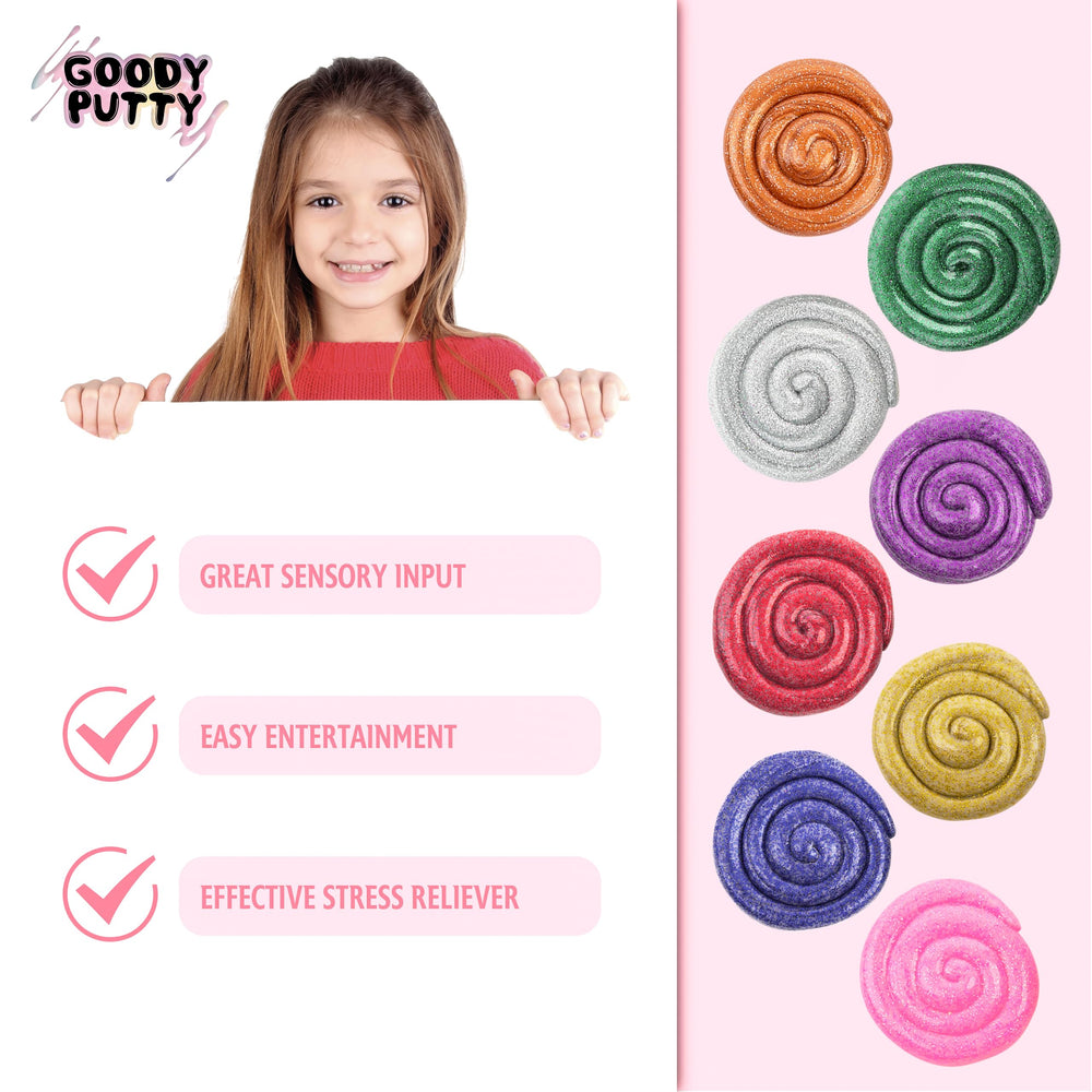 Goody Putty Mini Dazzle Green Glitter Tin adds vibrant color for sensory sessions.
