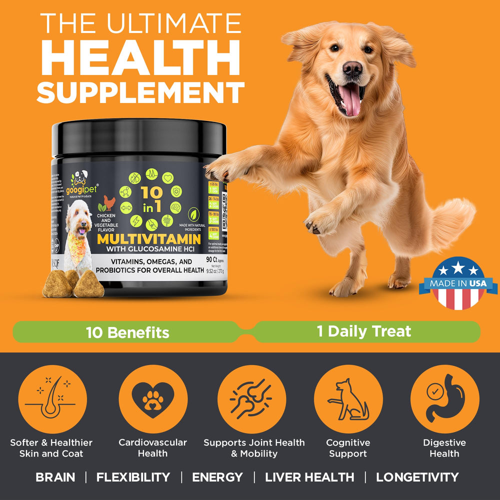 Googipet Omega-rich vitamins for skin and coat shown with a glossy fur