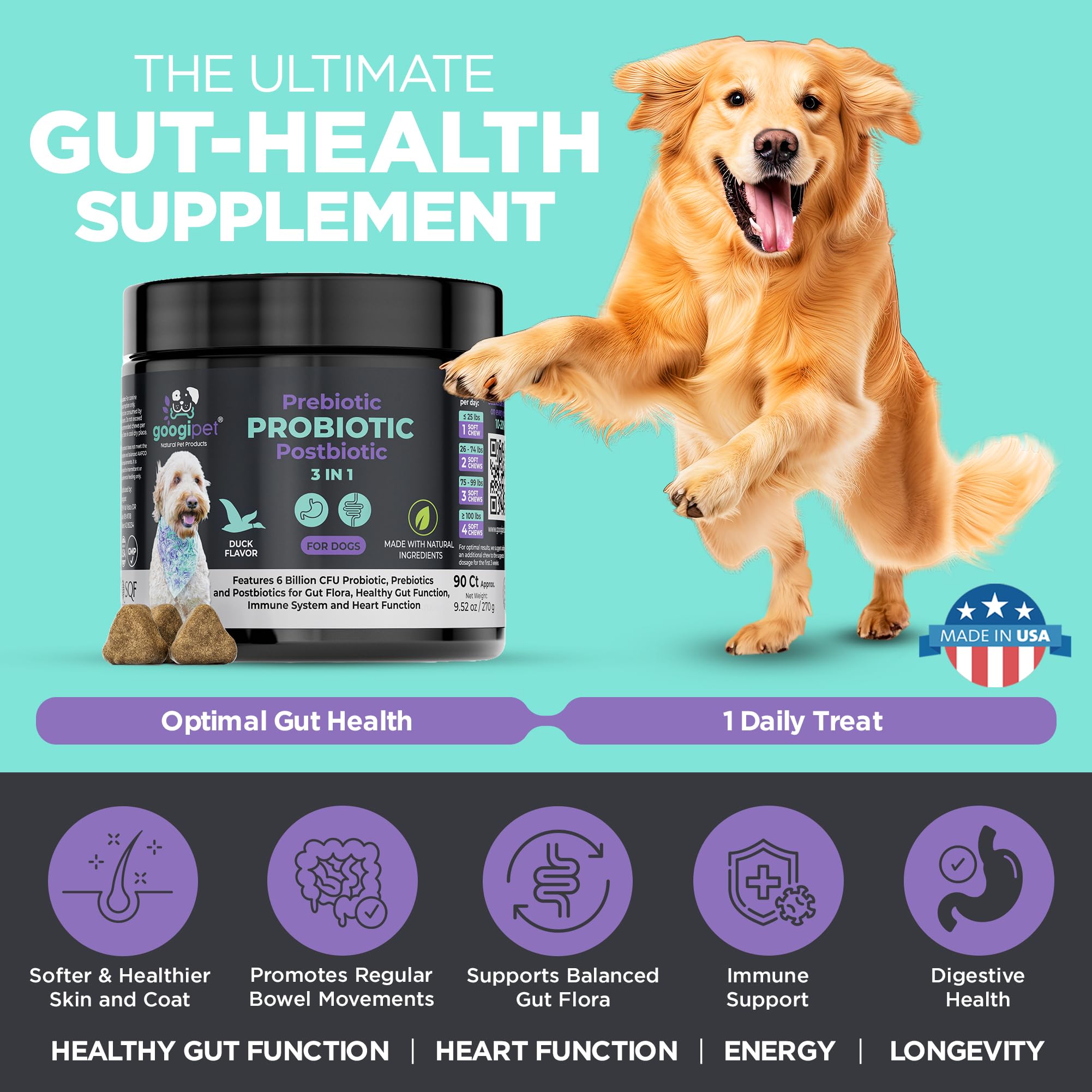 Googipet Probiotics 6B CFU formula boosts gut flora.