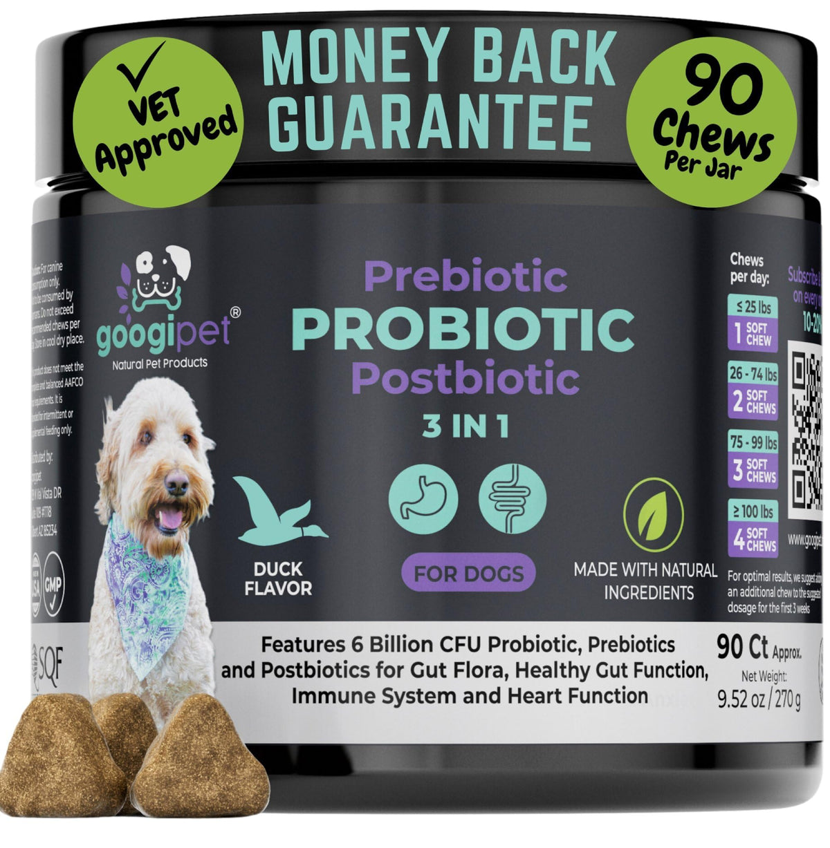 Googipet Probiotics duck-flavored chews support dog digestion.