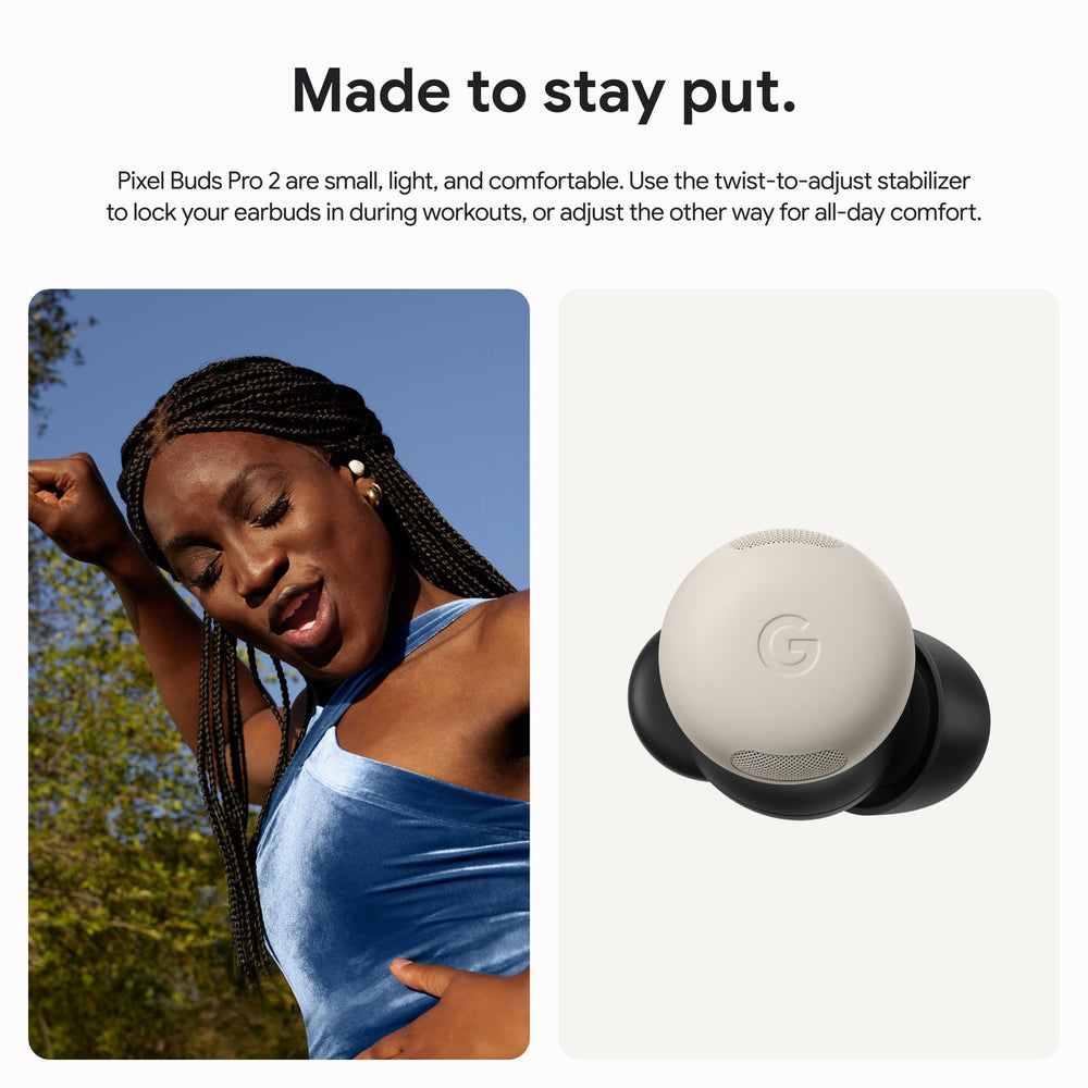 Google Pixel Buds Pro 2 twist-stabilizer for secure workouts and activity.