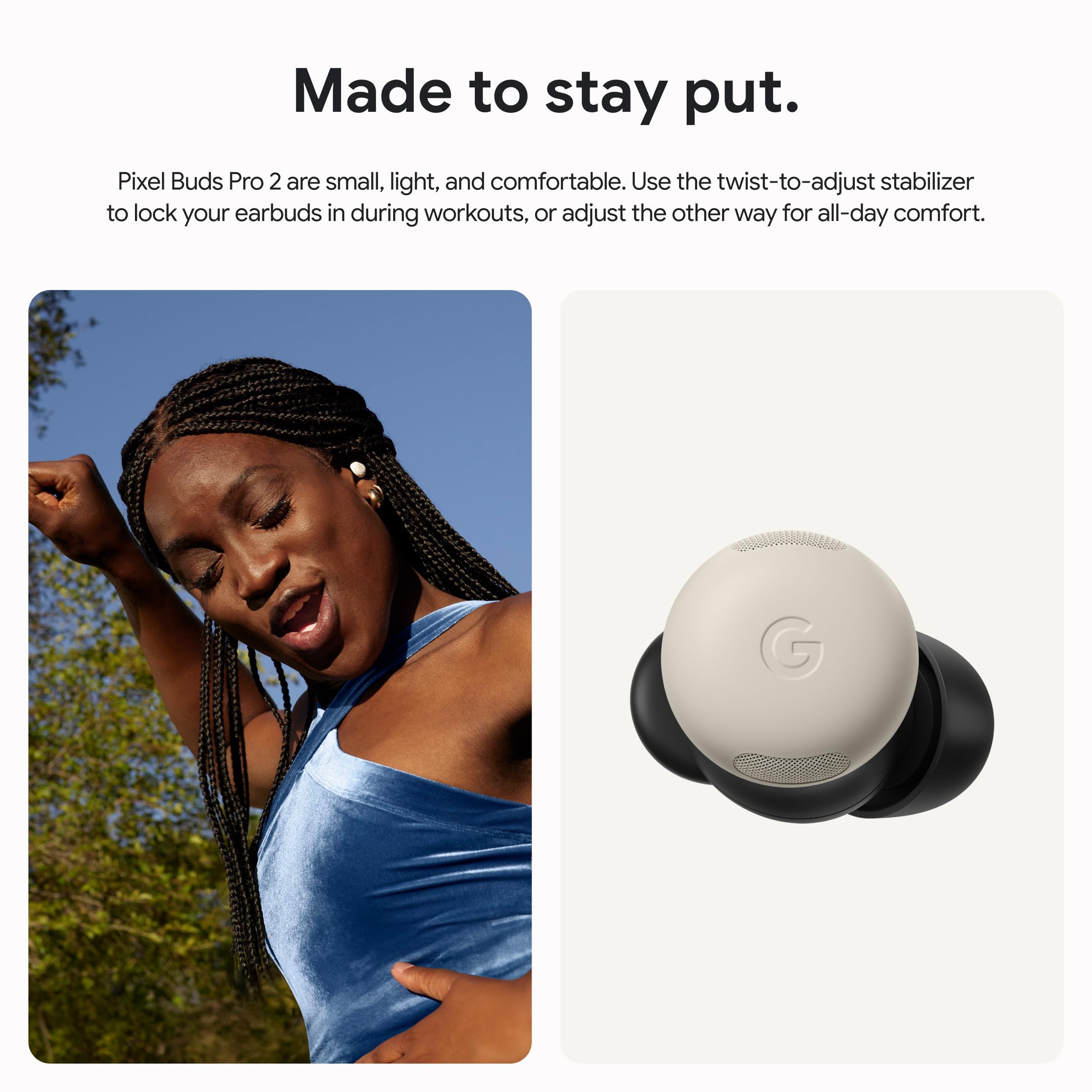 Google Pixel Buds Pro 2 twist-stabilizer showing secure fit during workouts