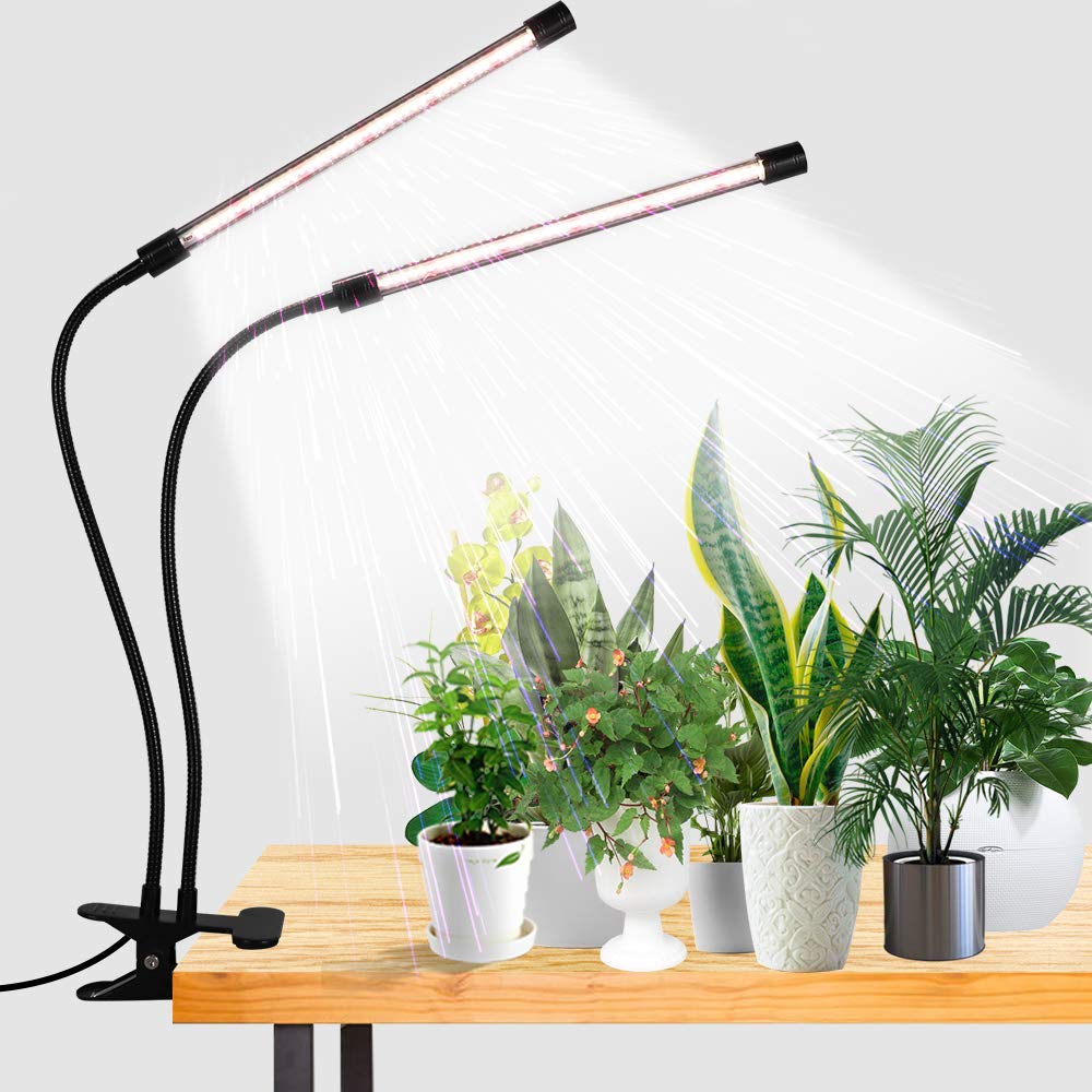 GooingTop LED grow light clipped on a table for healthy indoor plants.