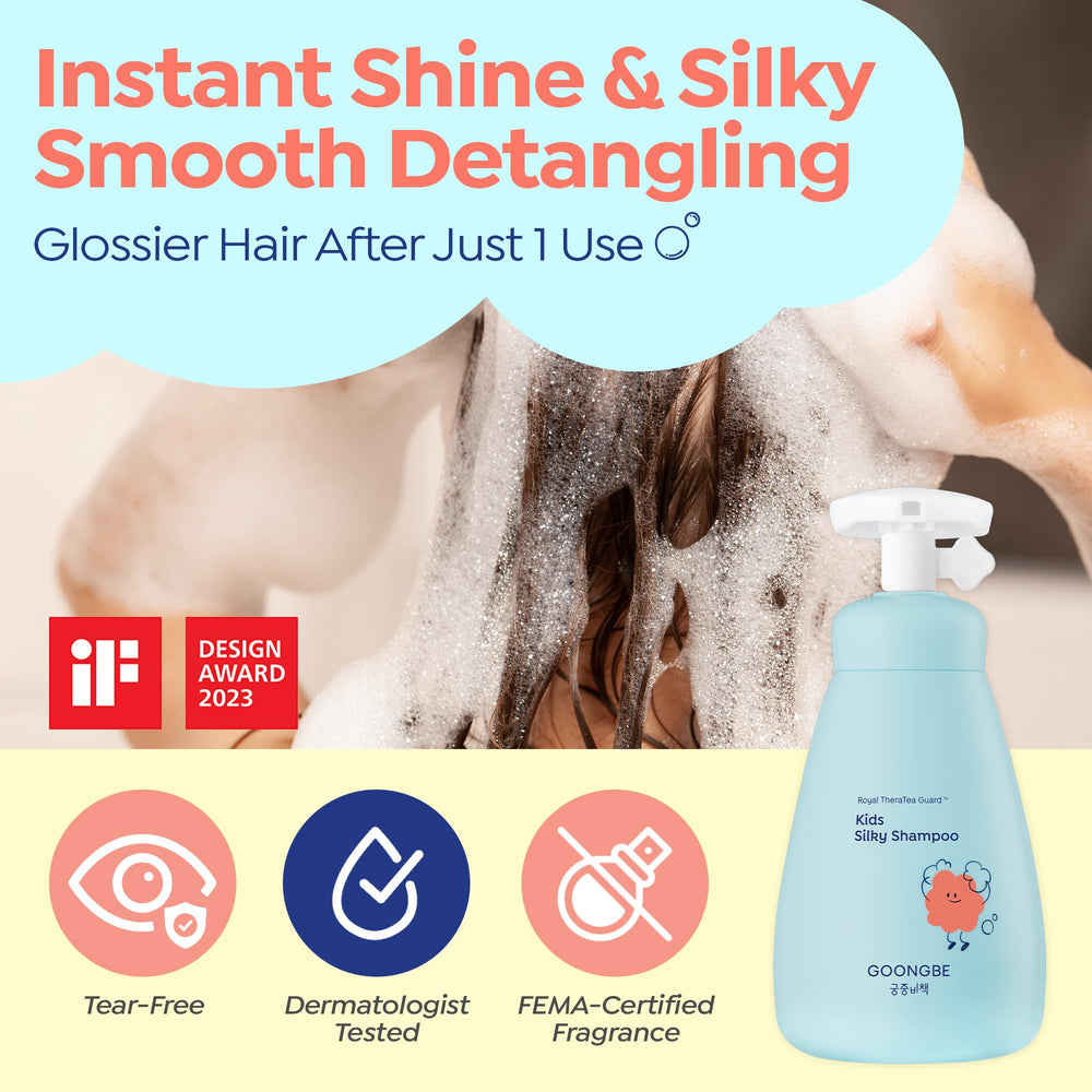 GOONGBE Kids Detangling Shampoo micellar foam lifts dirt for gentle cleansing.